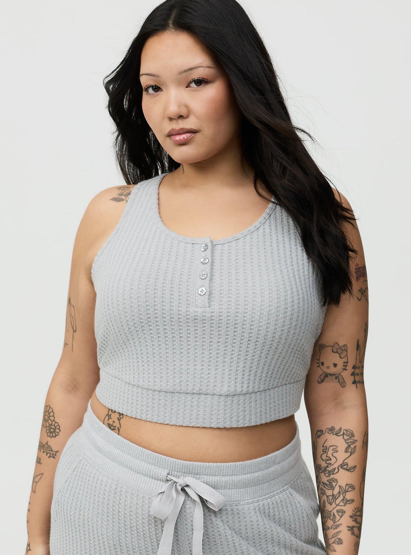 Super Soft Plush Waffle Henley Crop Lounge Tank, LIGHTEST HEATHER GREY, alternate