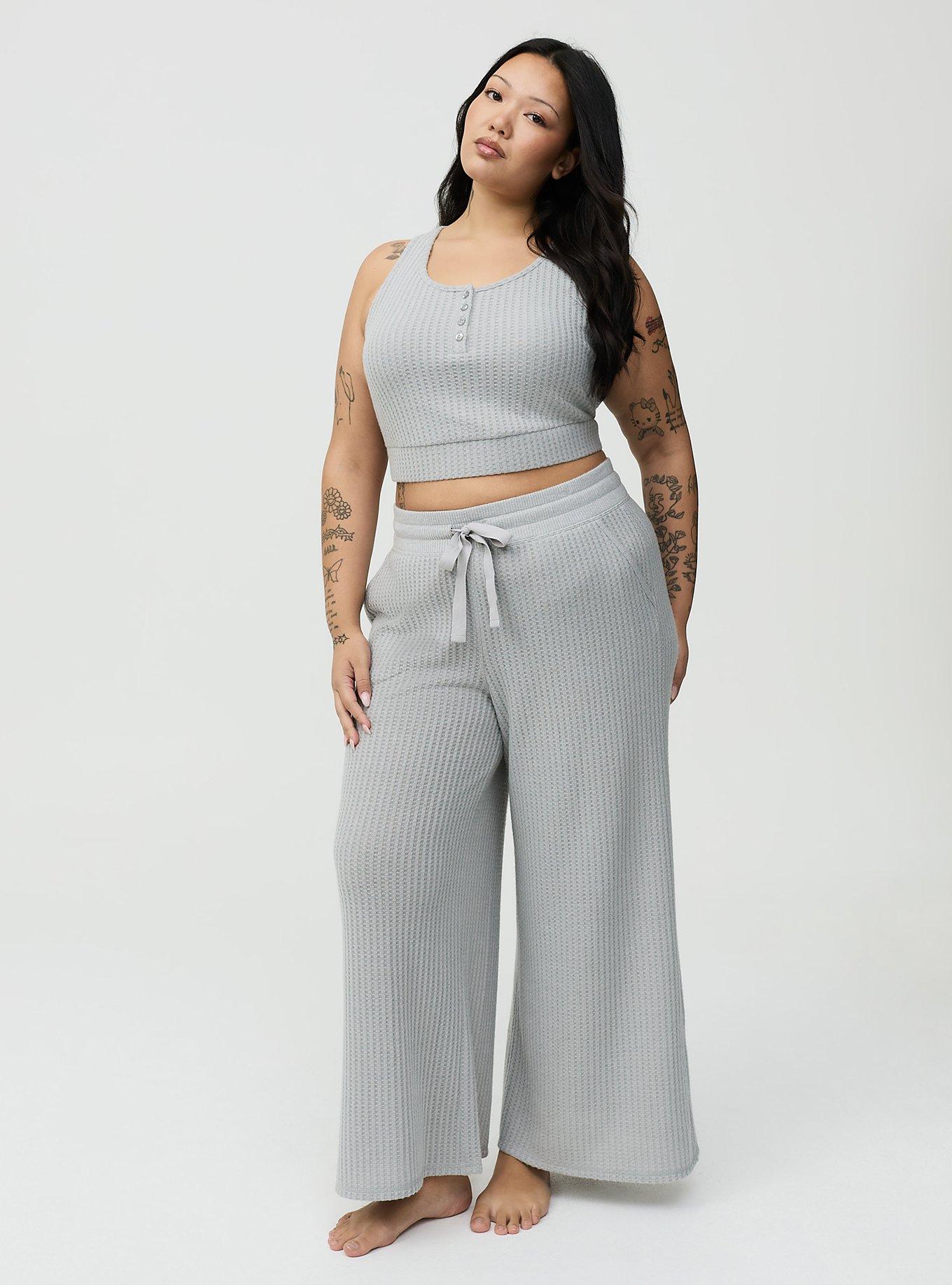 Super Soft Plush Waffle Henley Crop Lounge Tank, LIGHTEST HEATHER GREY, alternate