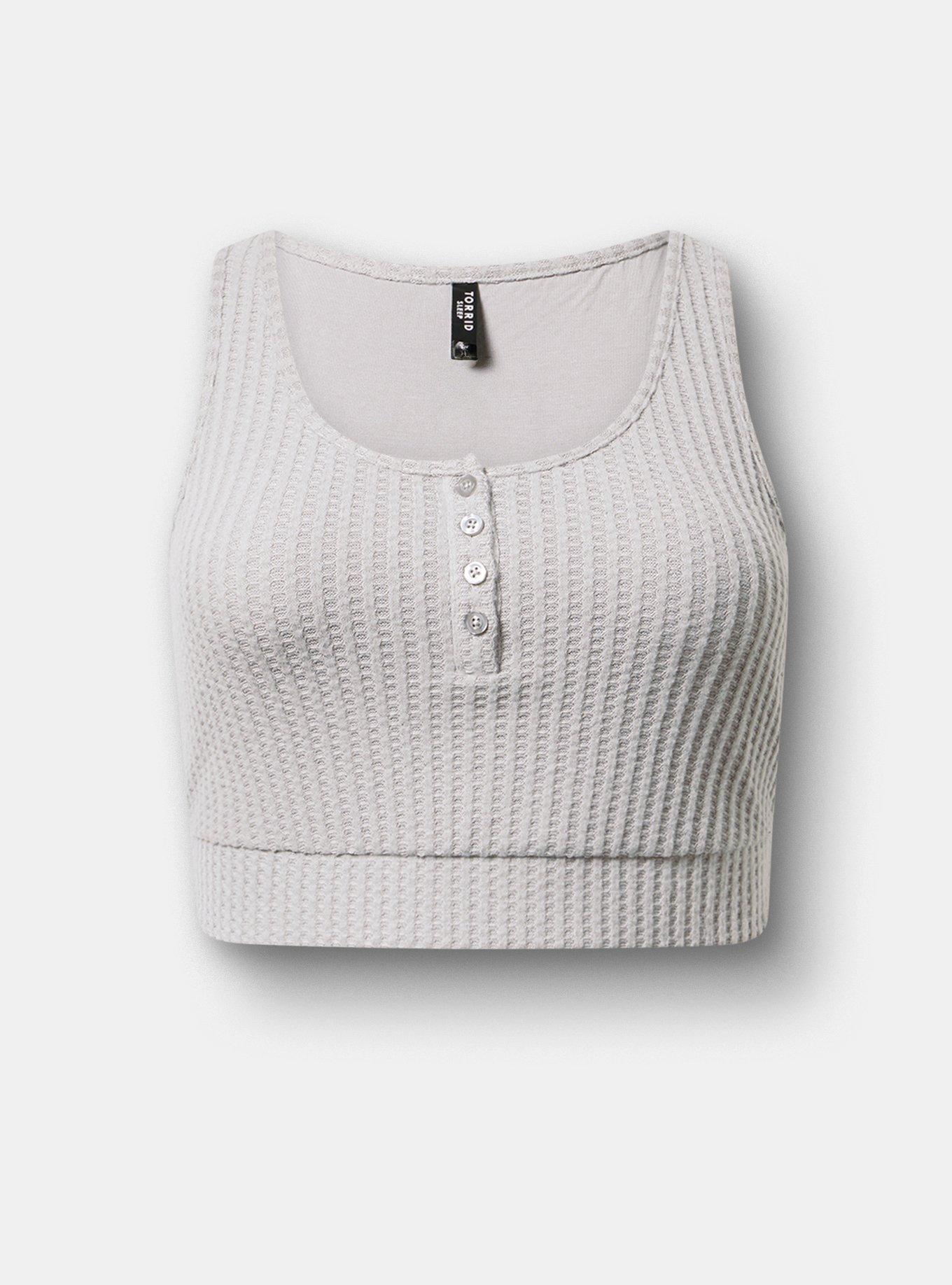 Super Soft Plush Waffle Henley Crop Lounge Tank, LIGHTEST HEATHER GREY, hi-res