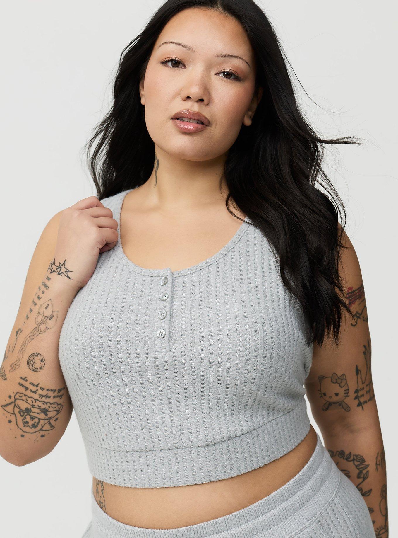 Plus Size Super Soft Plush Waffle Henley Crop Lounge Tank, LIGHTEST HEATHER GREY, hi-res