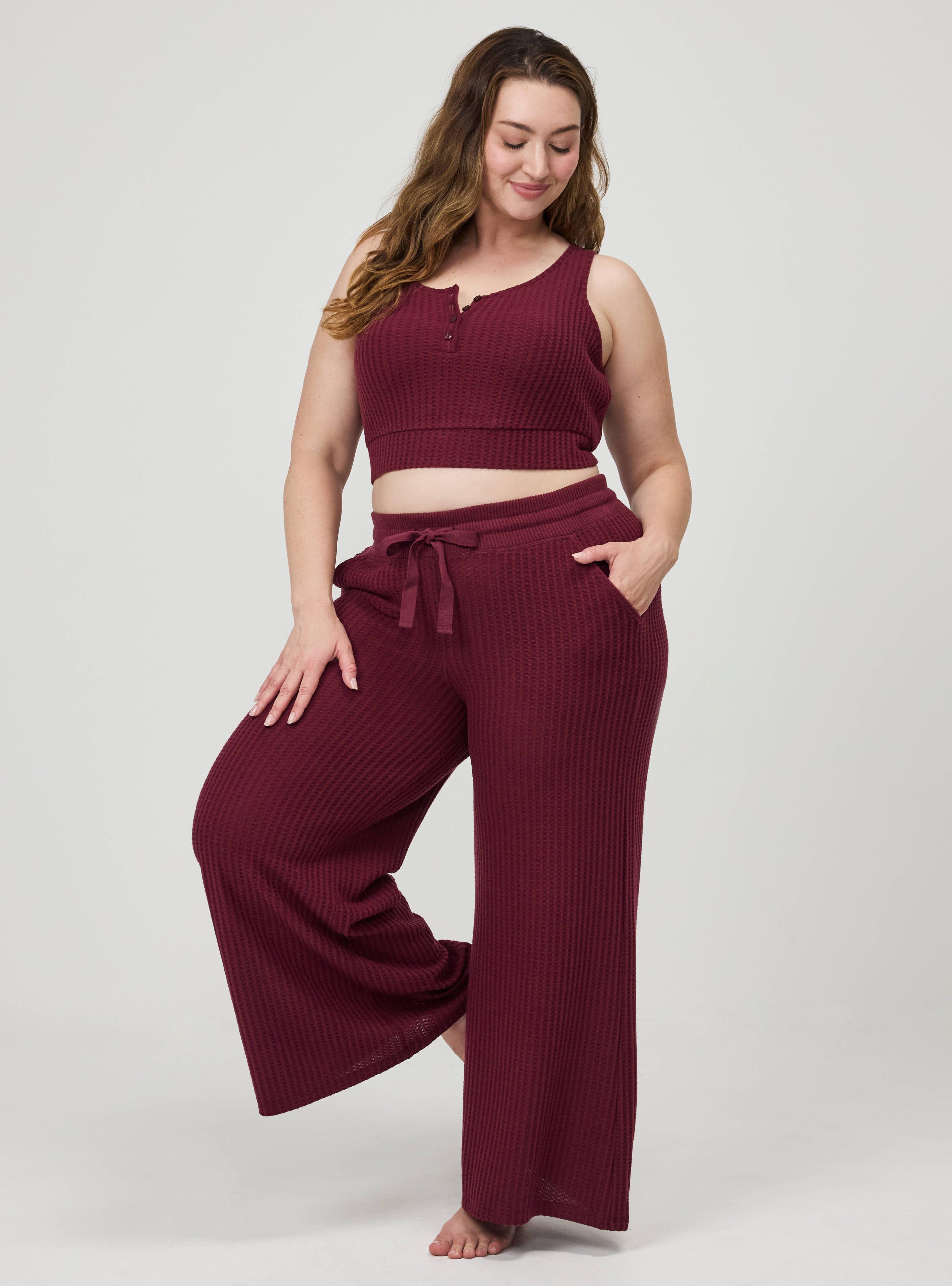 Plus Size Super Soft Plush Waffle Wide-Leg Lounge Pant, MAROON BANNER, alternate