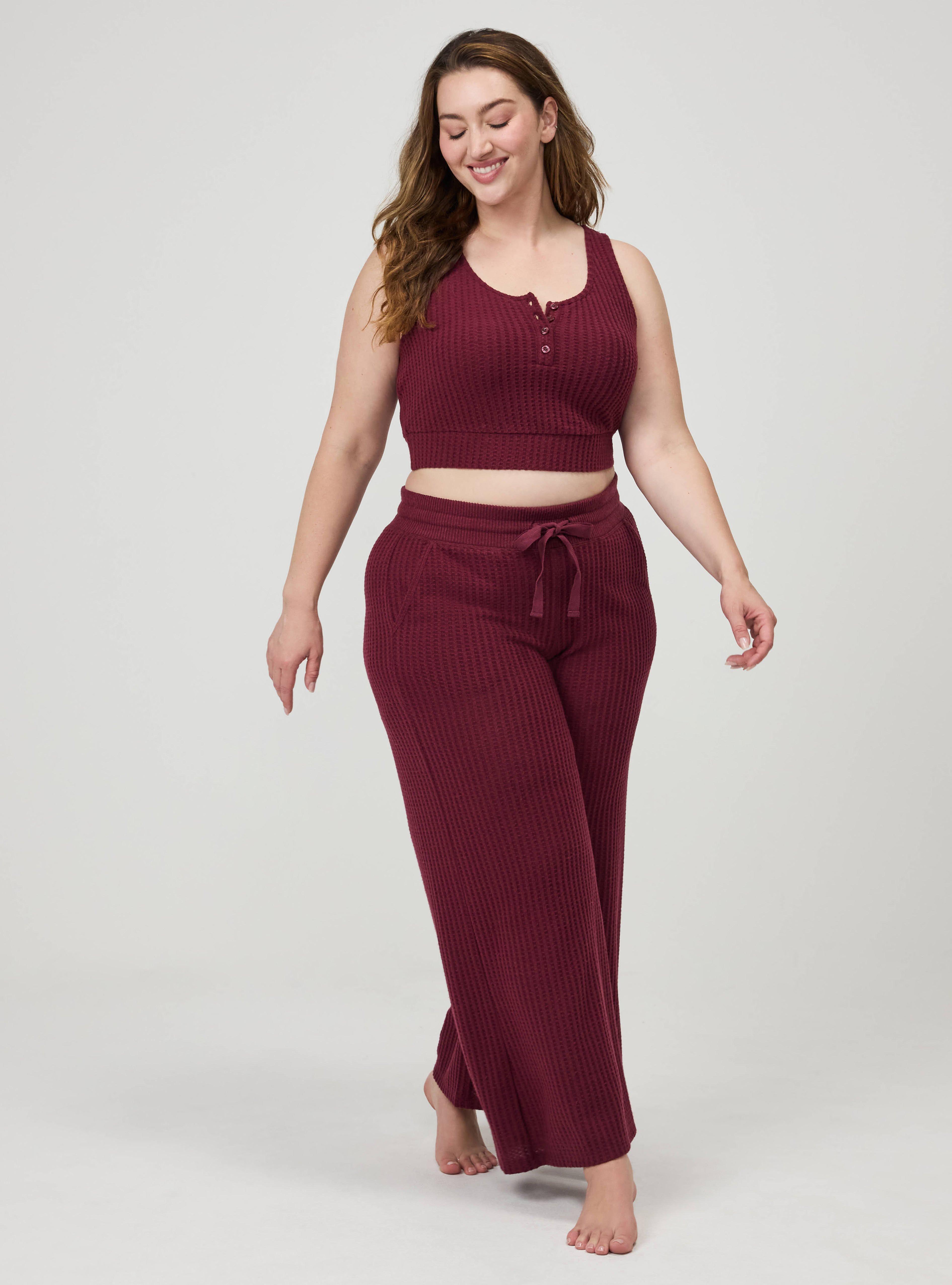 Plus Size Super Soft Plush Waffle Wide-Leg Lounge Pant, MAROON BANNER, hi-res