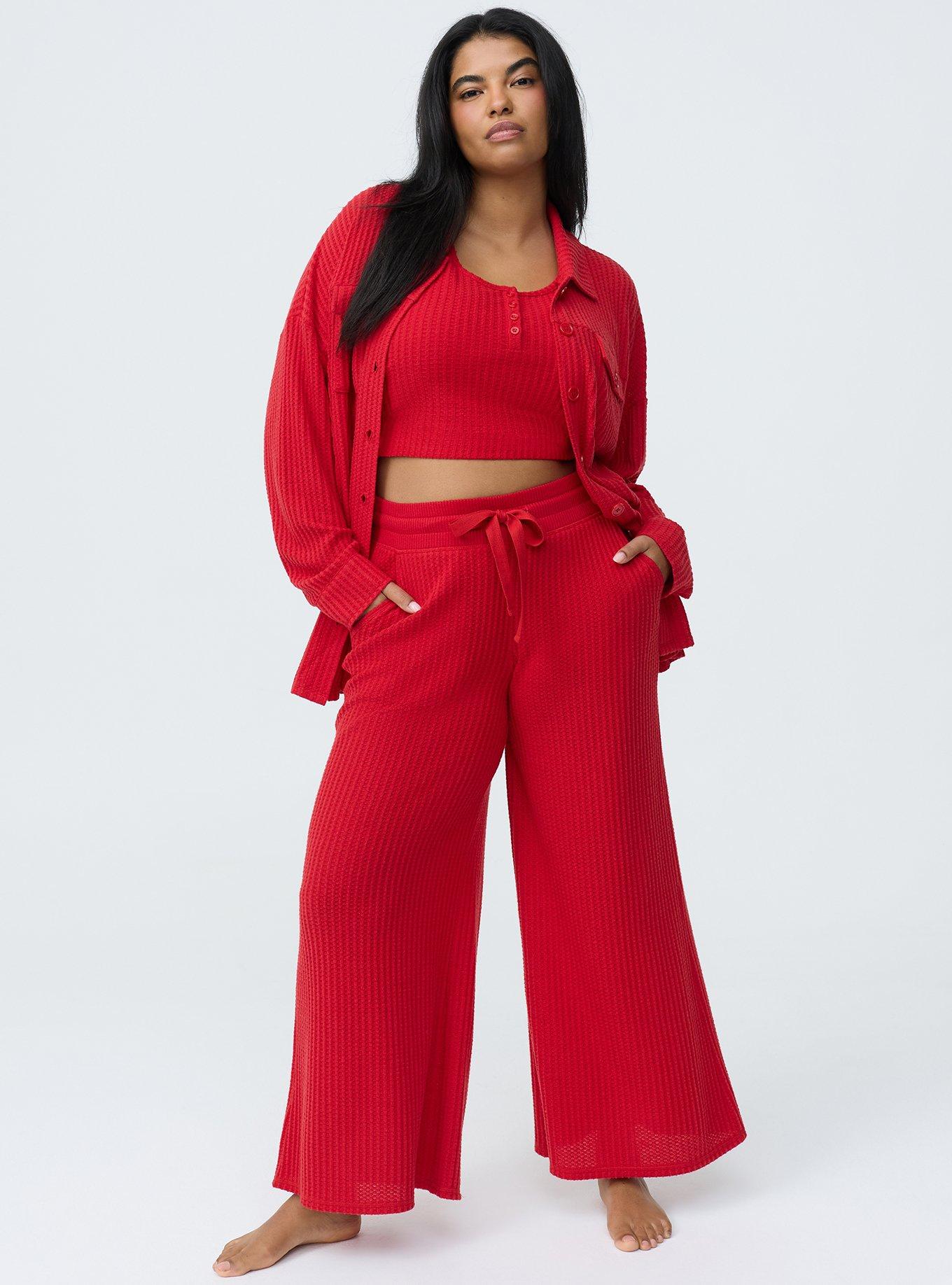 Plus Size Super Soft Plush Waffle Wide-Leg Lounge Pant, URBAN RED, hi-res