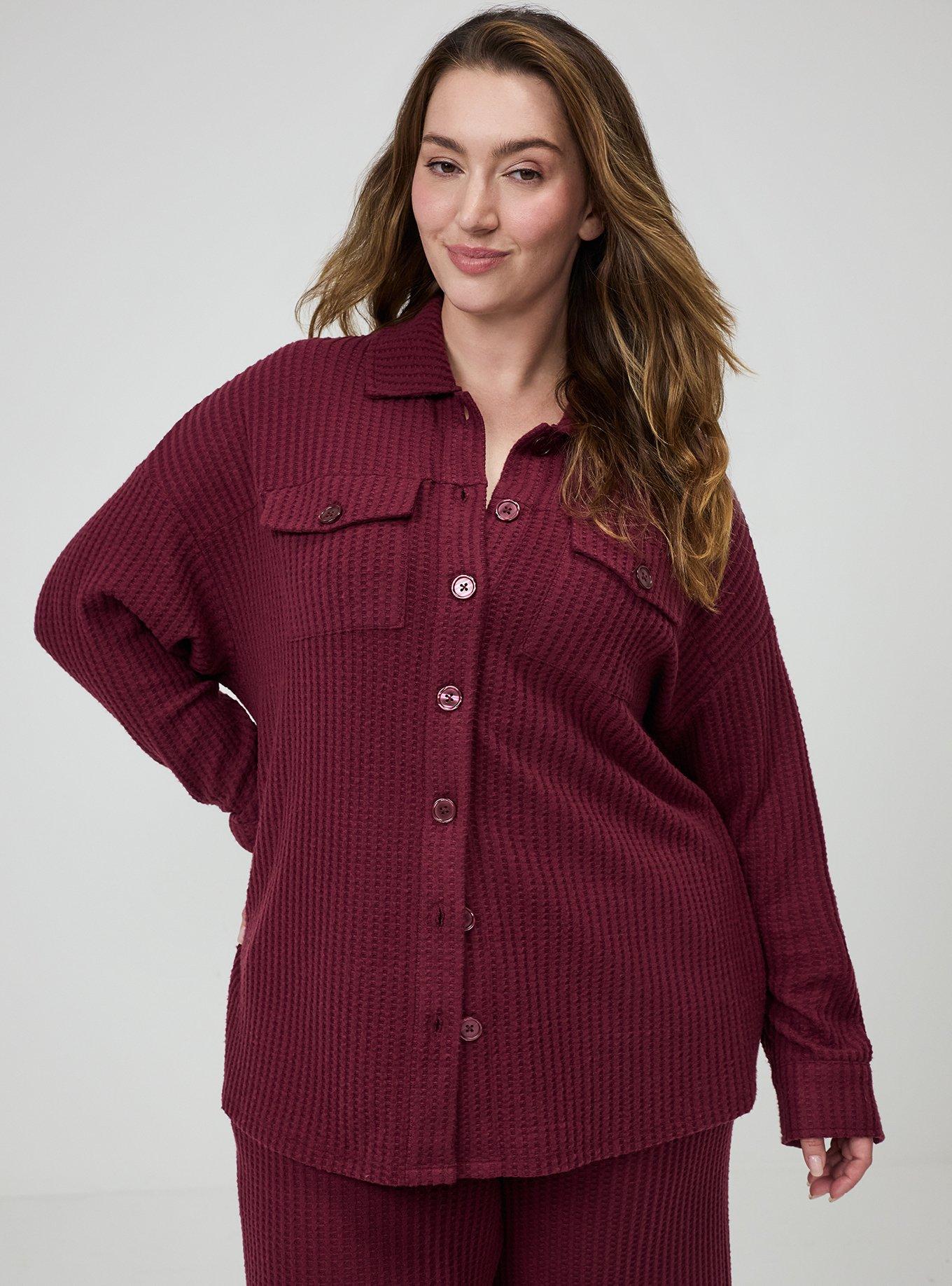 Super Soft Plush Waffle Oversized Lounge Shacket, MAROON BANNER, alternate
