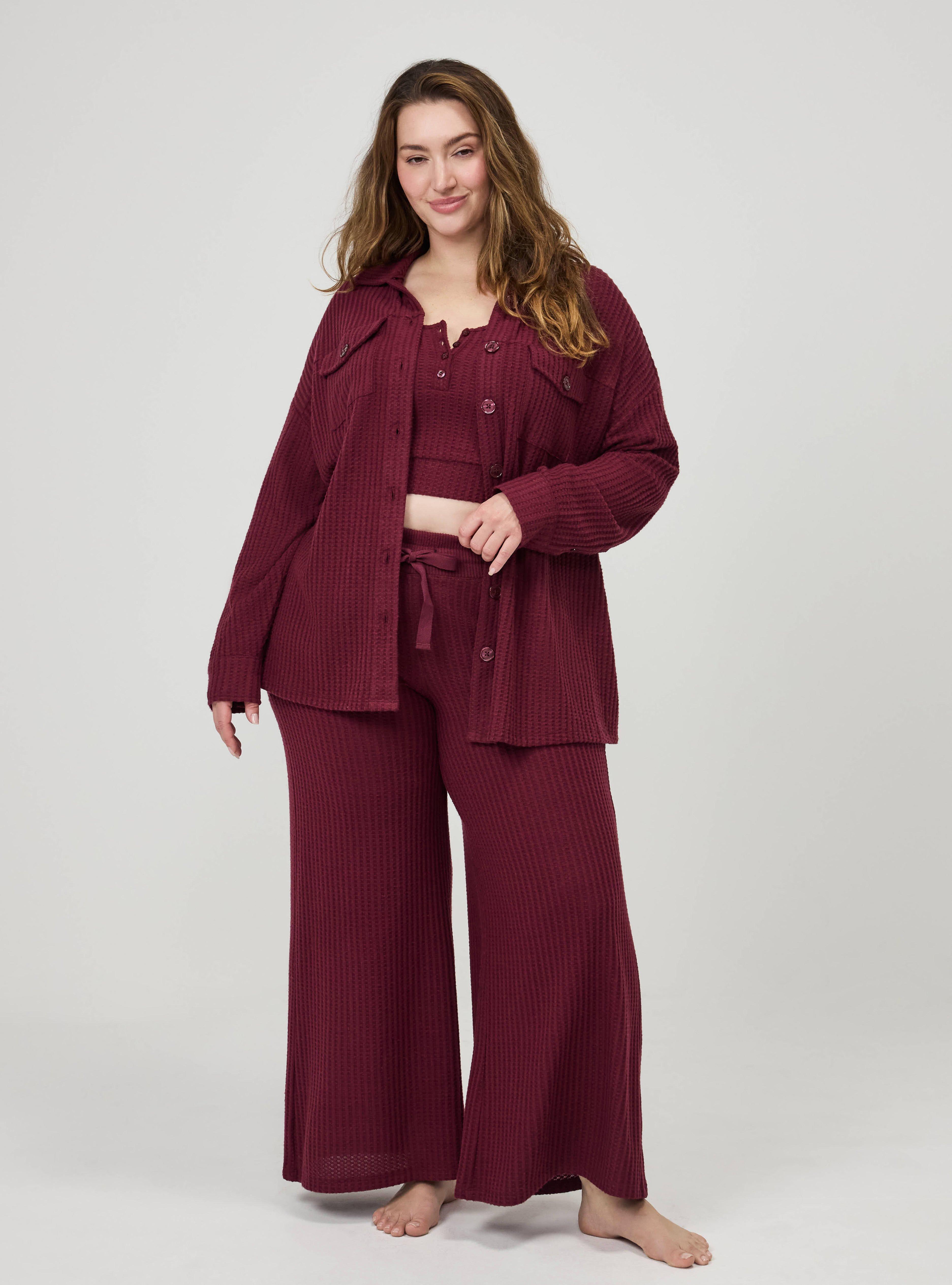 Super Soft Plush Waffle Oversized Lounge Shacket, MAROON BANNER, alternate