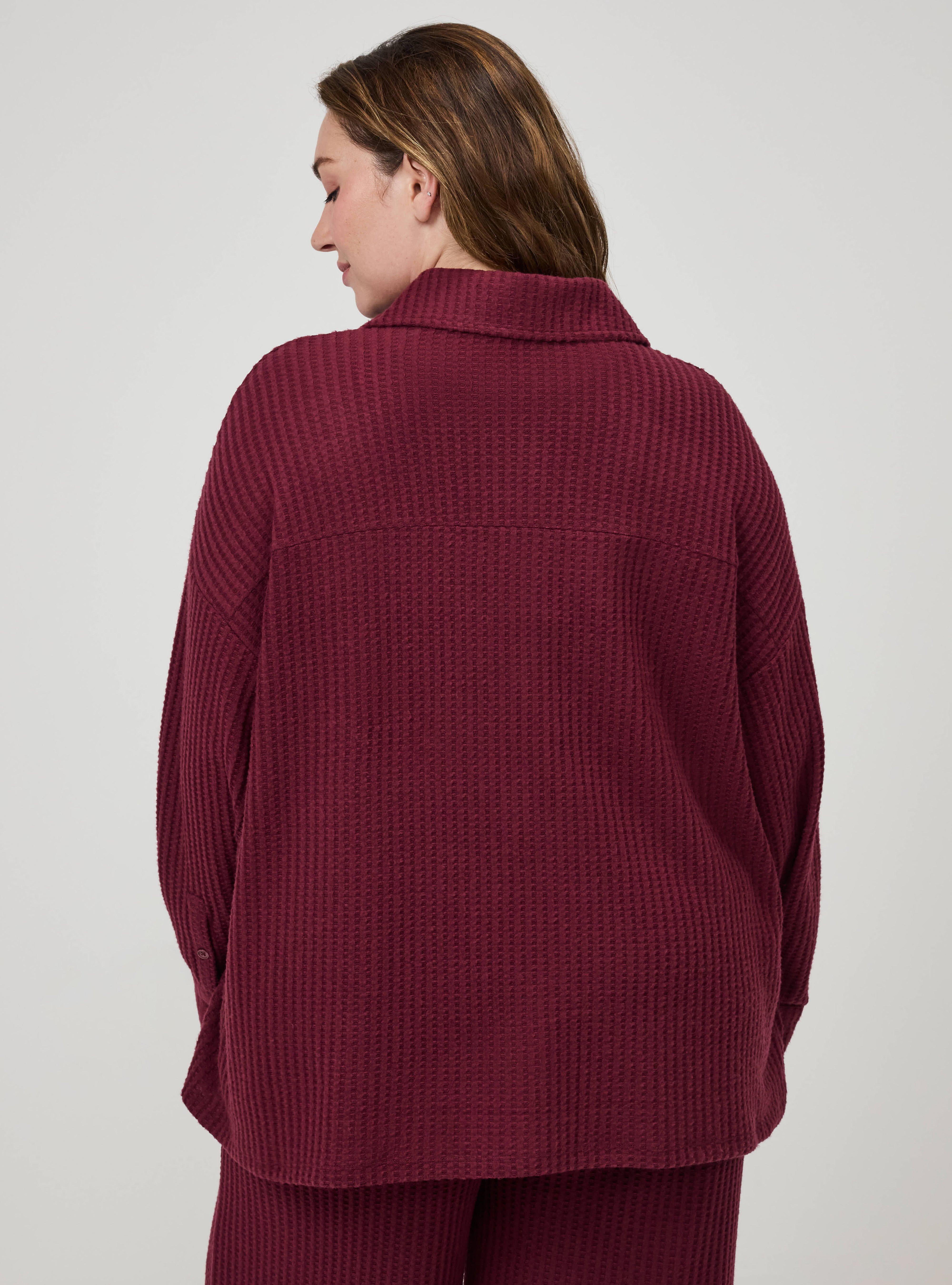 Super Soft Plush Waffle Oversized Lounge Shacket, MAROON BANNER, alternate