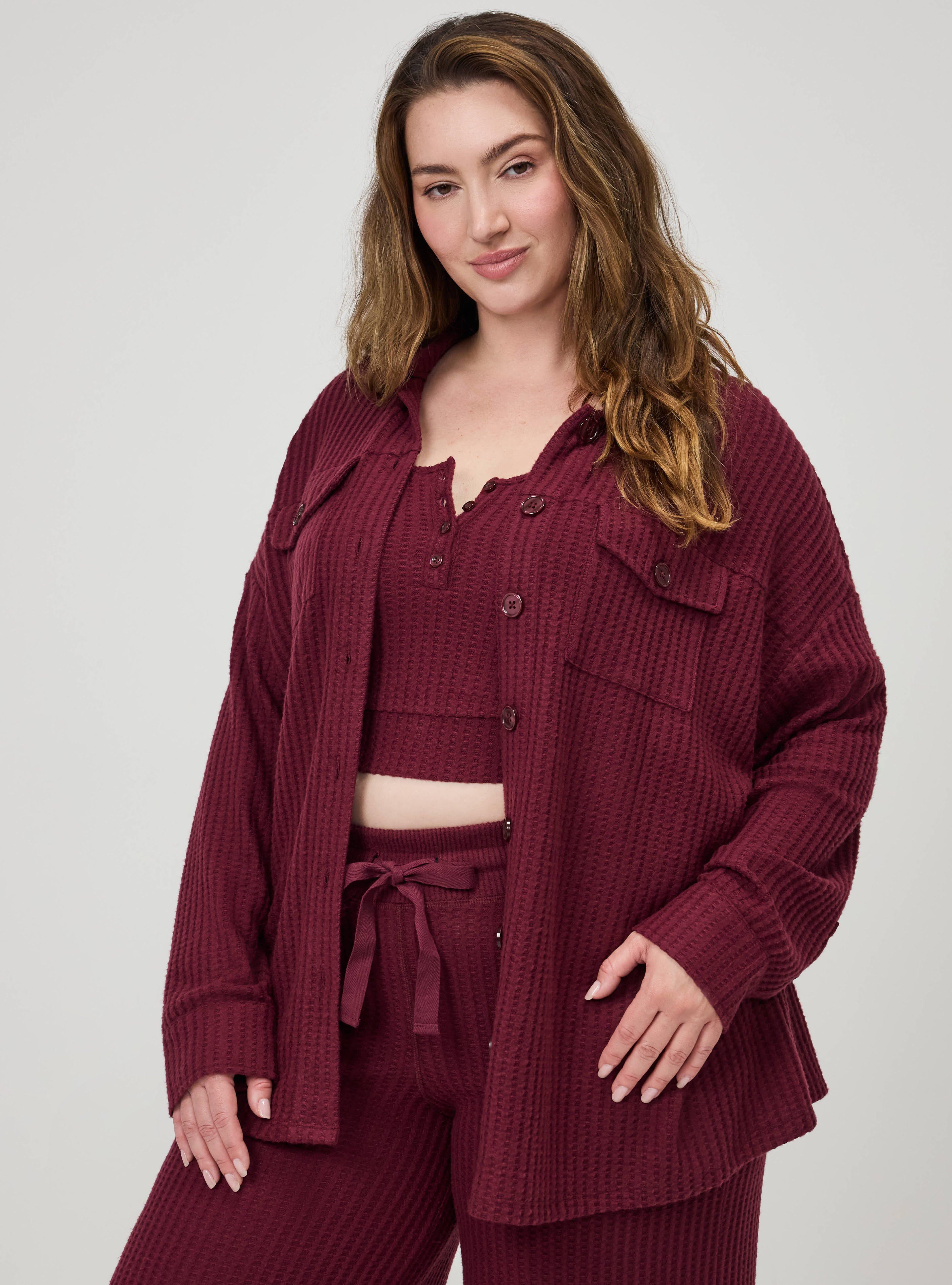 Super Soft Plush Waffle Oversized Lounge Shacket, MAROON BANNER, alternate