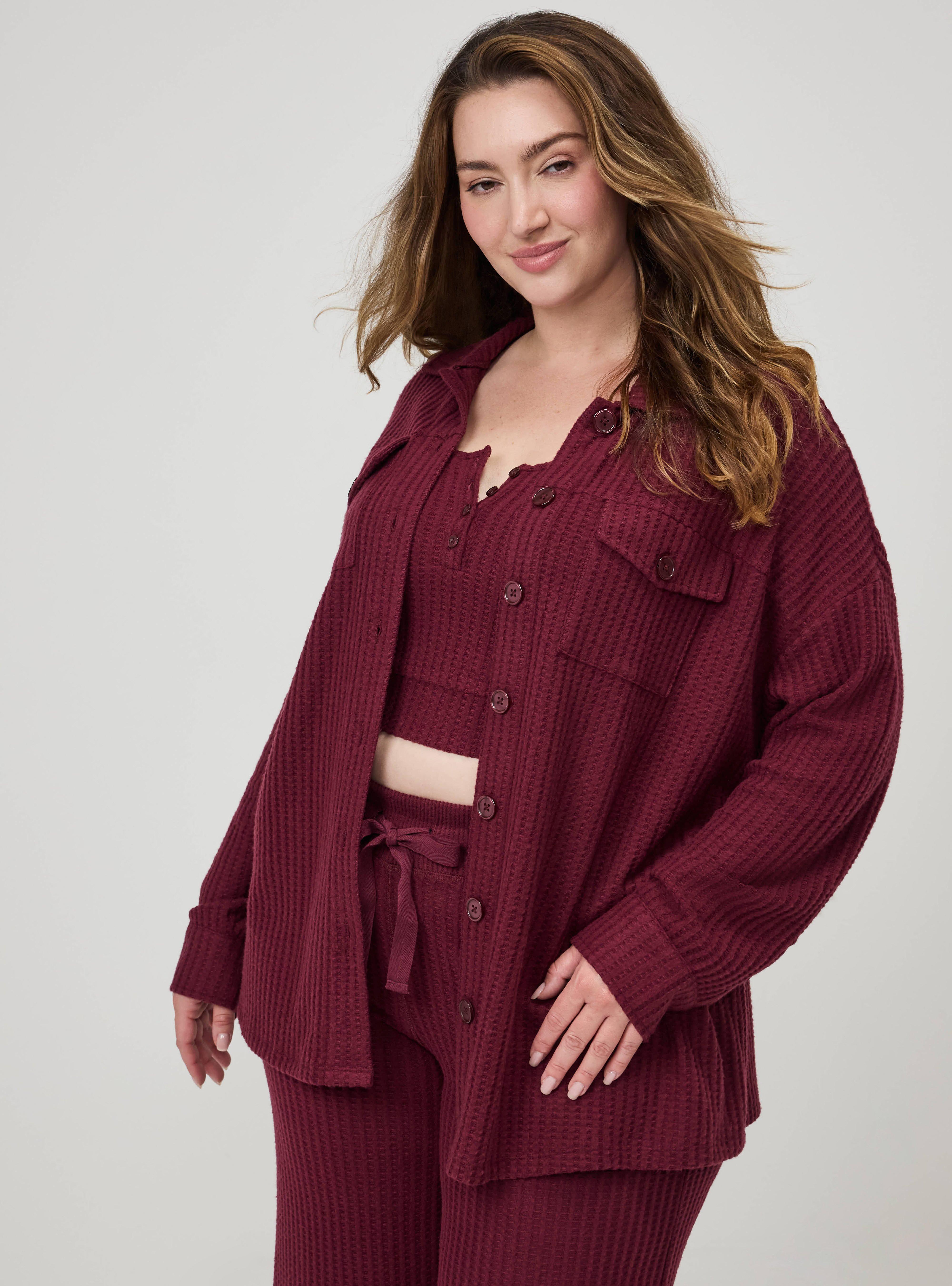 Super Soft Plush Waffle Oversized Lounge Shacket, MAROON BANNER, hi-res