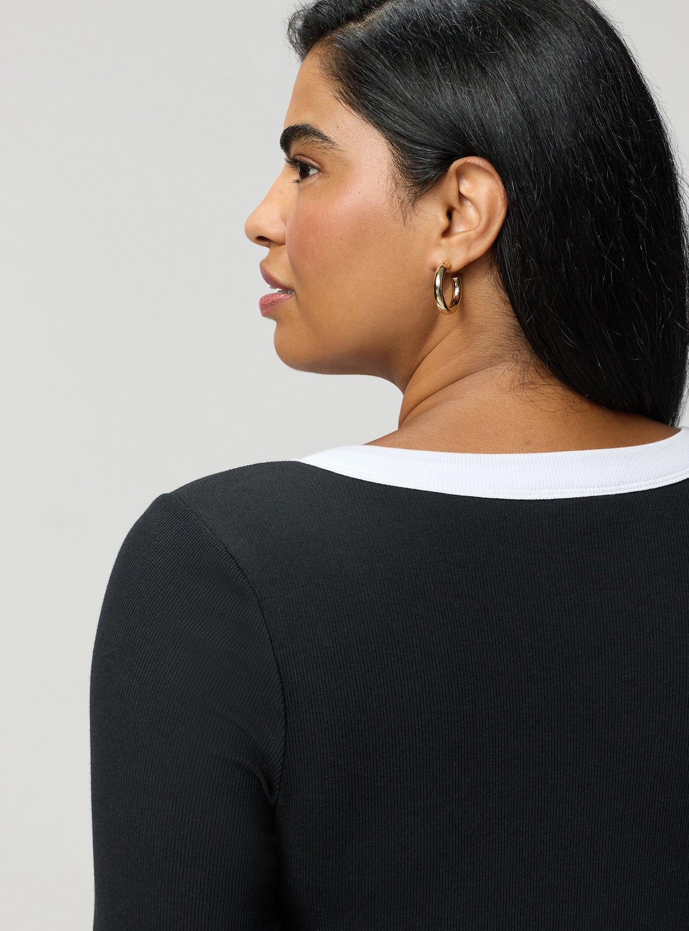 Ribbed Henley Varsity Long Sleeve Top, DEEP BLACK, alternate