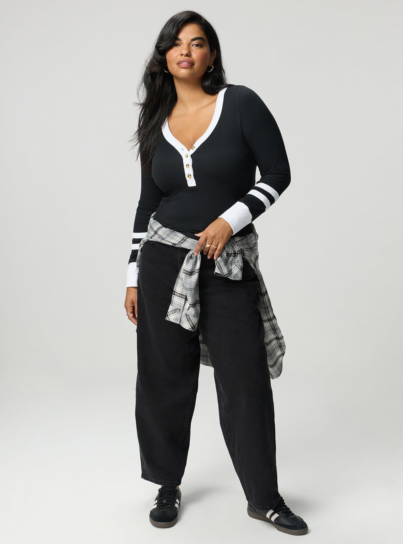 Ribbed Henley Varsity Long Sleeve Top, DEEP BLACK, alternate