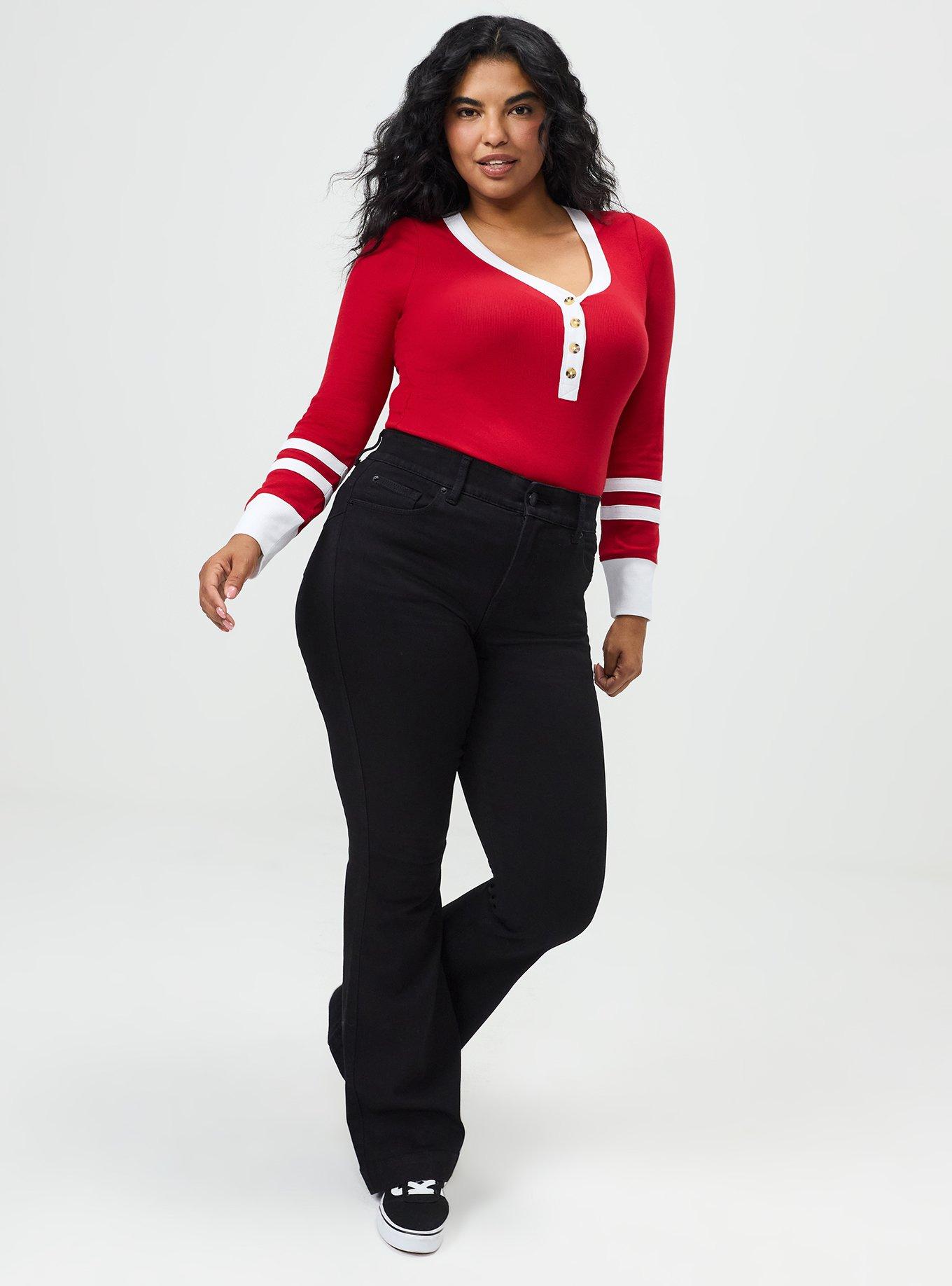 Plus Size Ribbed Henley Varsity Long Sleeve Top, JESTER RED, alternate