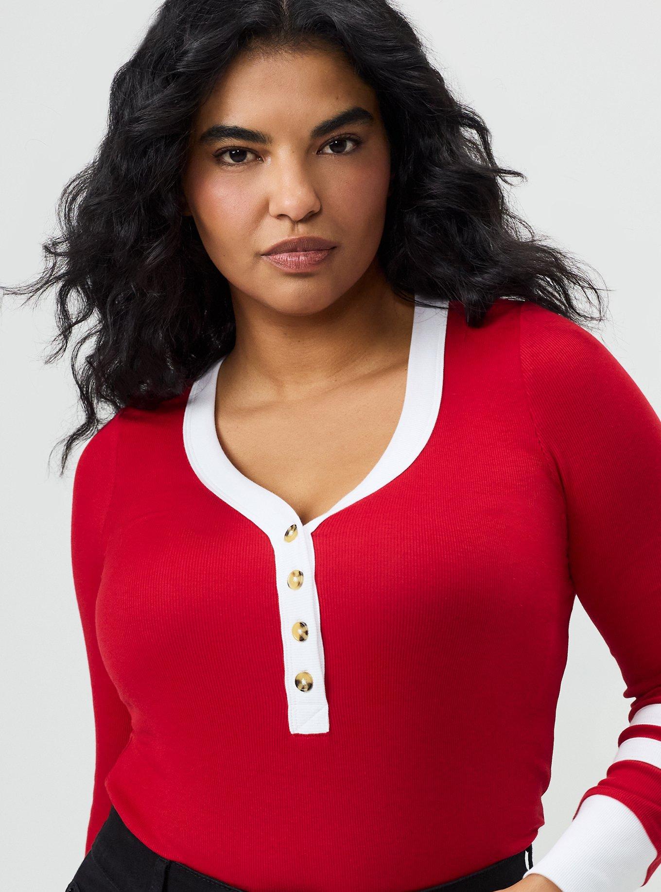 Plus Size Ribbed Henley Varsity Long Sleeve Top, JESTER RED, alternate