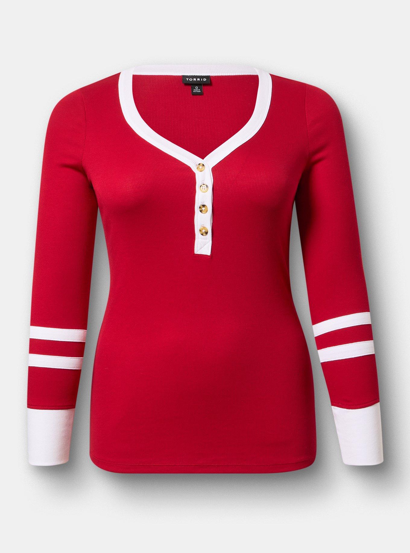 Plus Size Ribbed Henley Varsity Long Sleeve Top, JESTER RED, hi-res