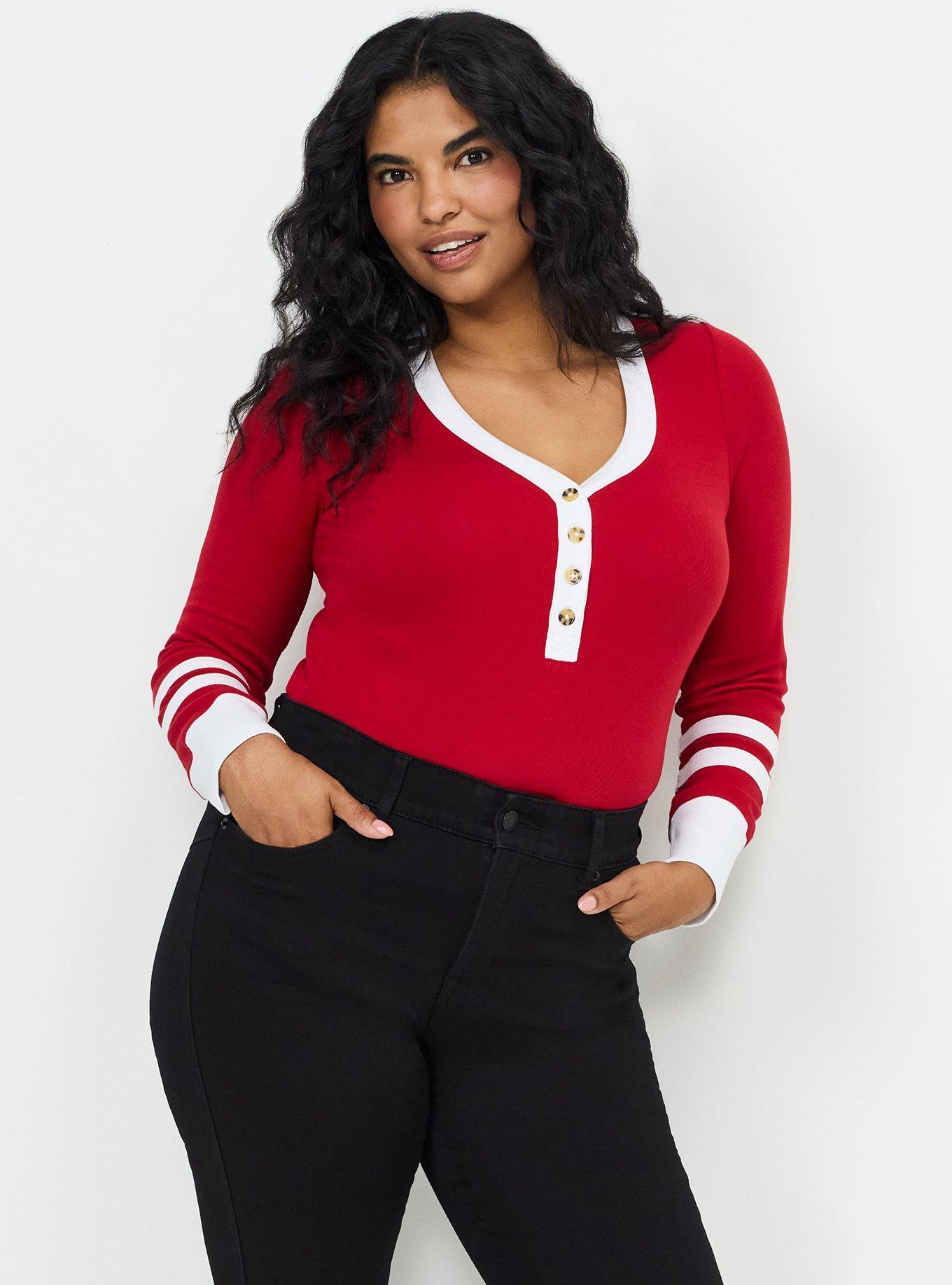 Plus Size Ribbed Henley Varsity Long Sleeve Top, JESTER RED, hi-res