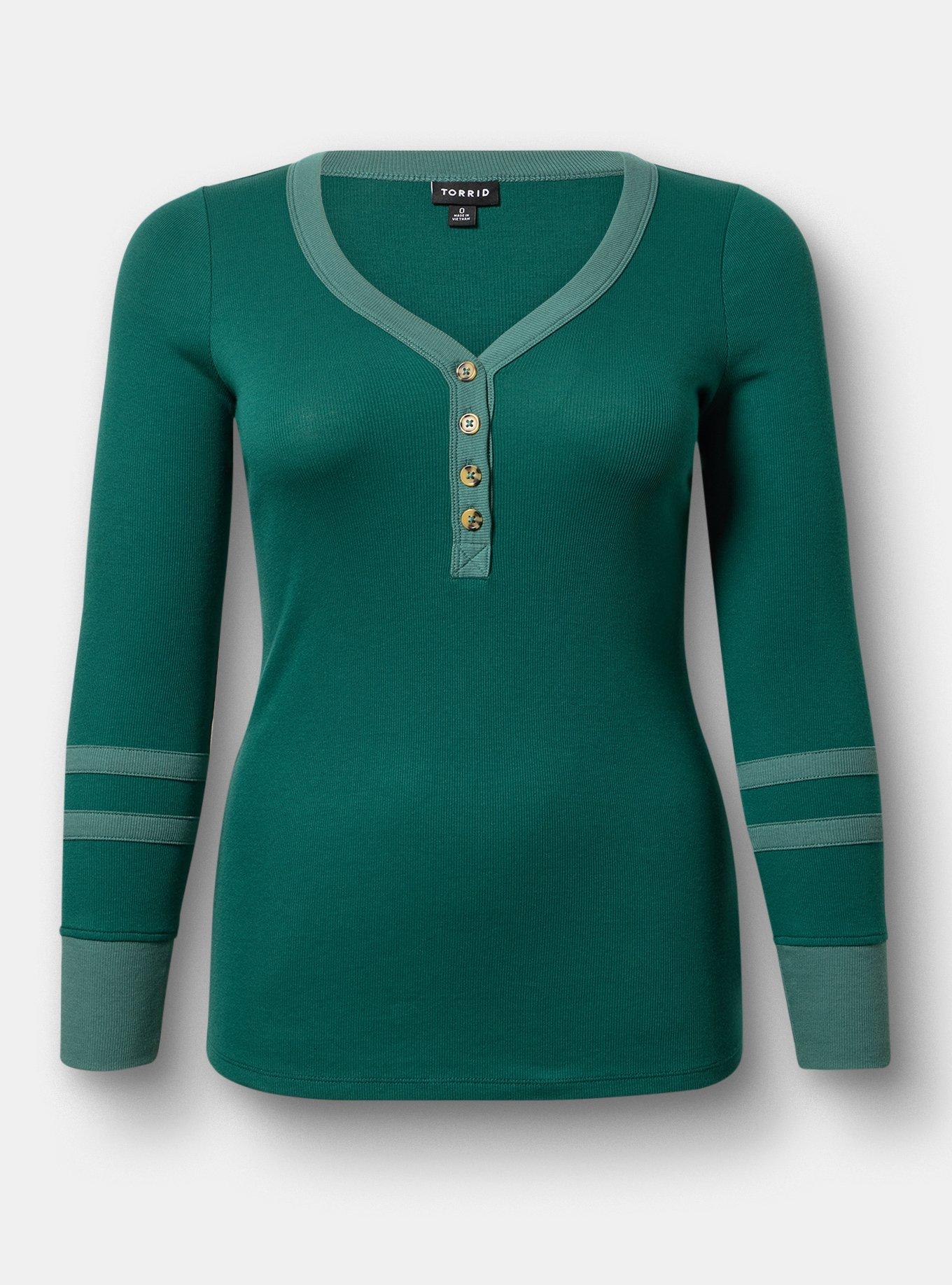 Ribbed Henley Varsity Long Sleeve Top, BOTANICAL GARDEN, flat