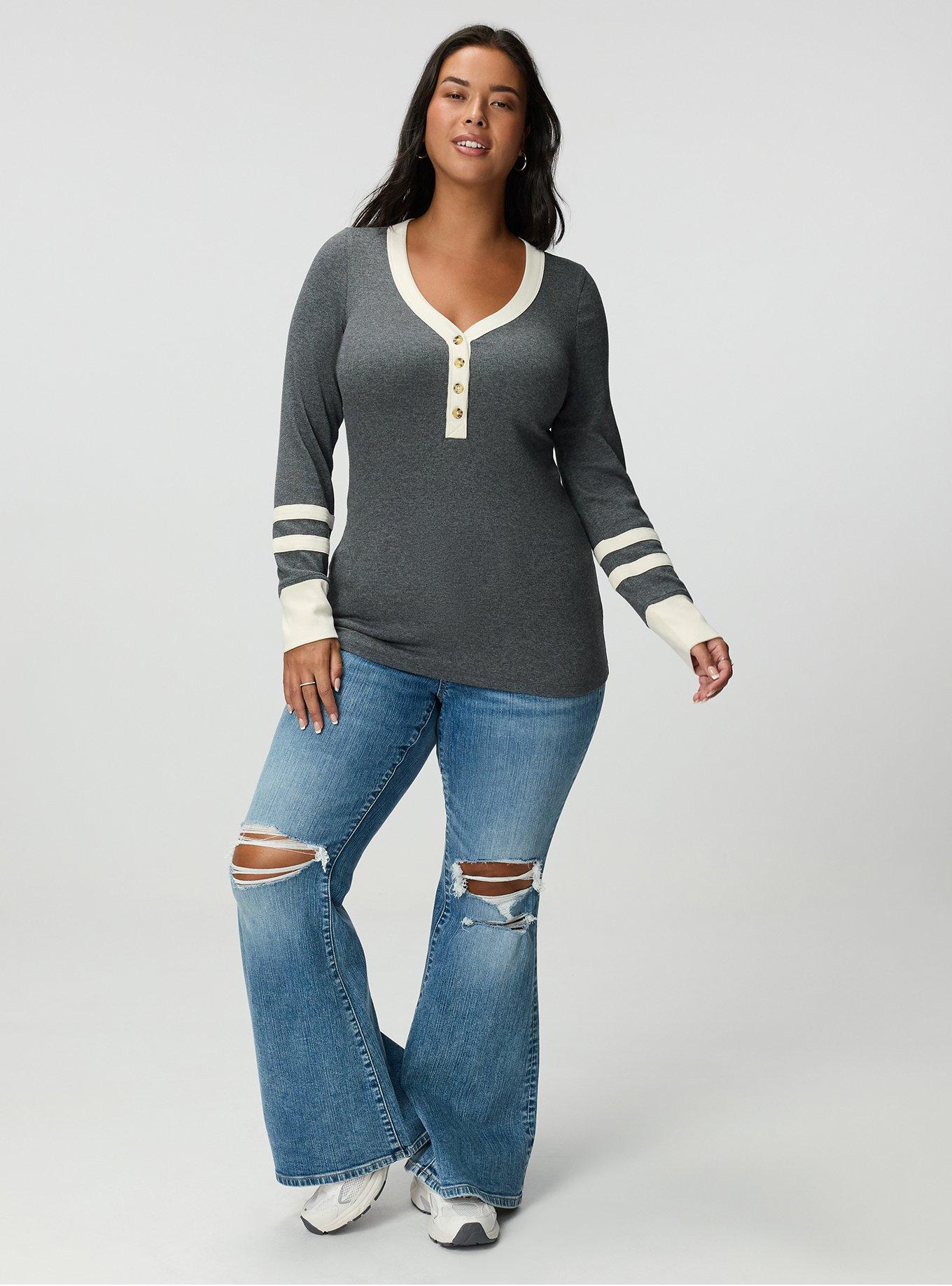 Ribbed Henley Varsity Long Sleeve Top, CHARCOAL HEATHER, alternate