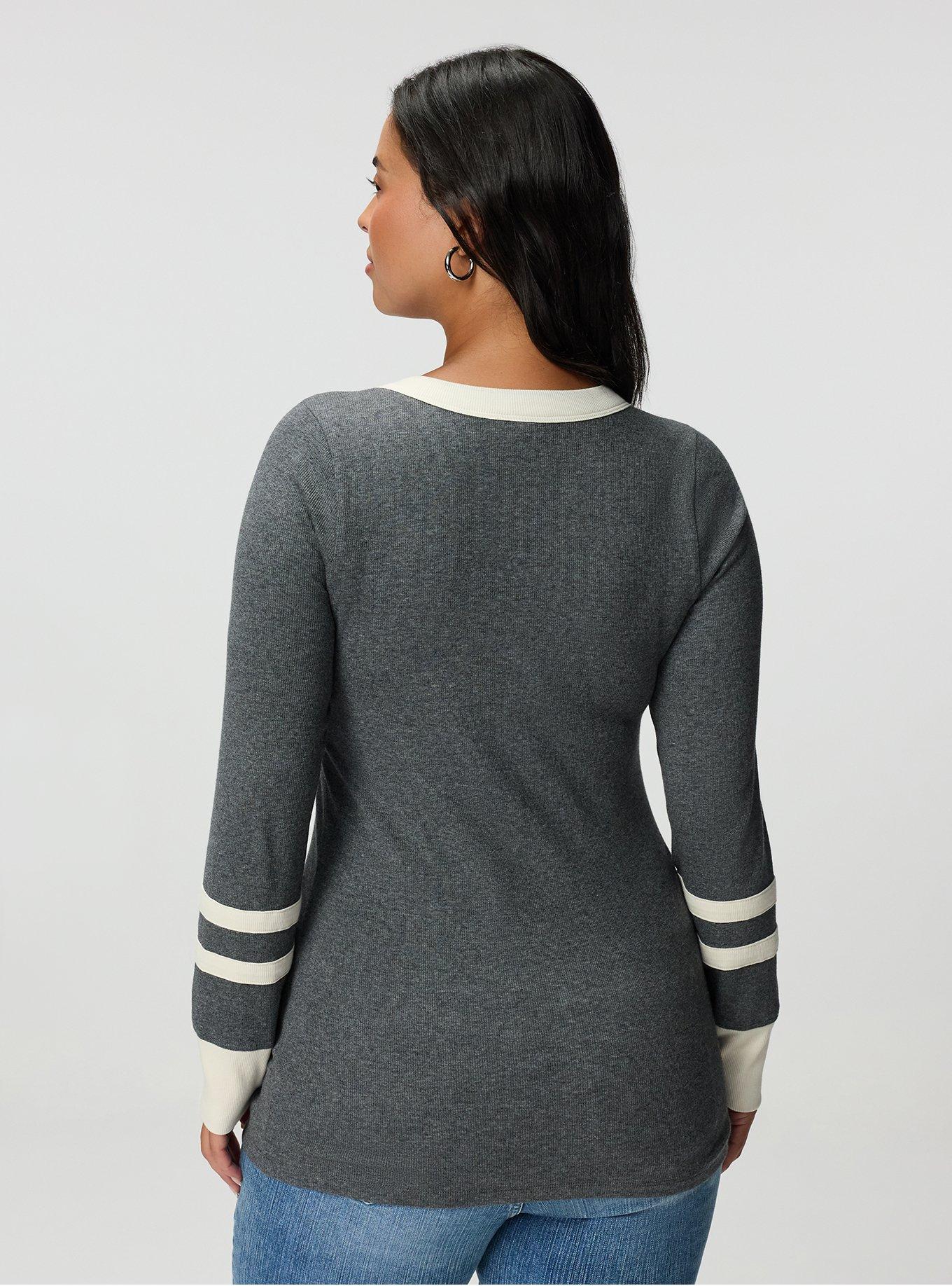 Ribbed Henley Varsity Long Sleeve Top, CHARCOAL HEATHER, alternate
