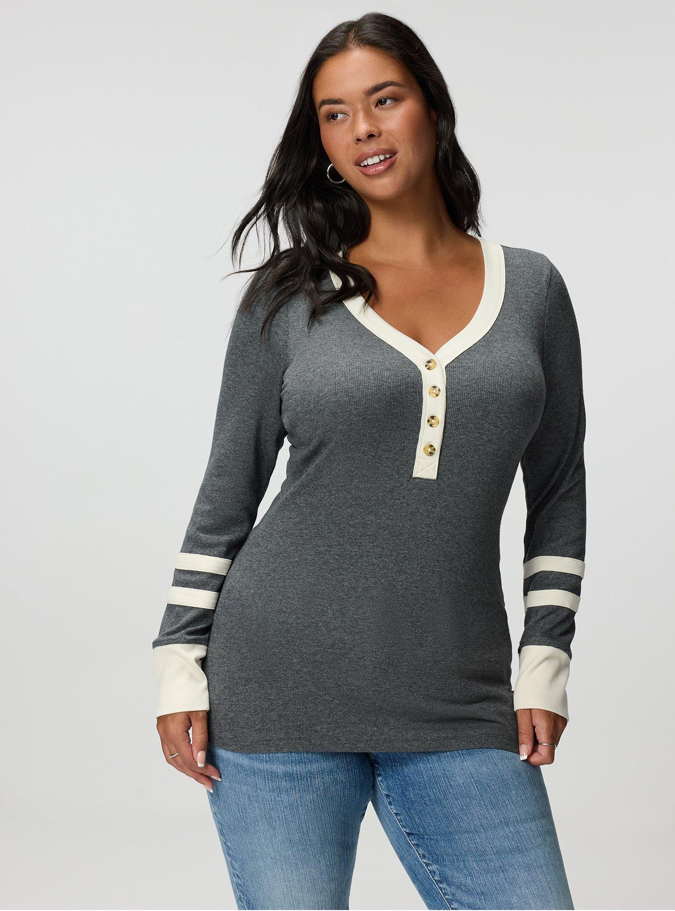 Ribbed Henley Varsity Long Sleeve Top, CHARCOAL HEATHER, alternate