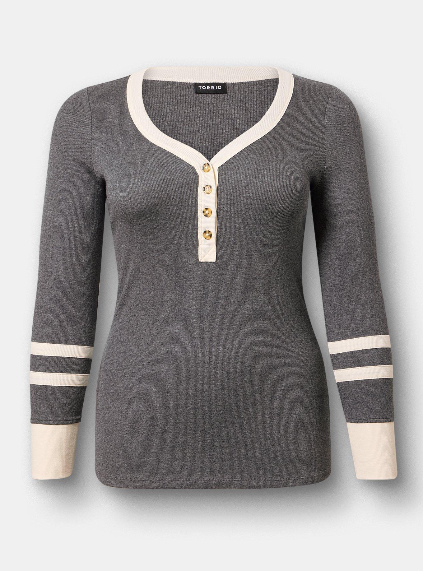 Ribbed Henley Varsity Long Sleeve Top, CHARCOAL HEATHER, flat
