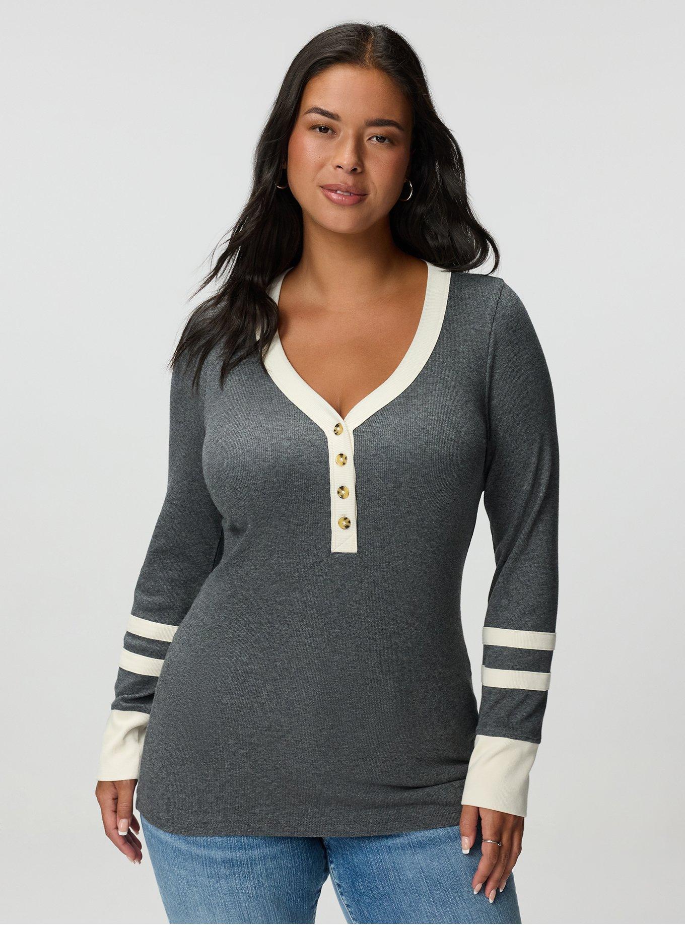 Ribbed Henley Varsity Long Sleeve Top, CHARCOAL HEATHER, hi-res