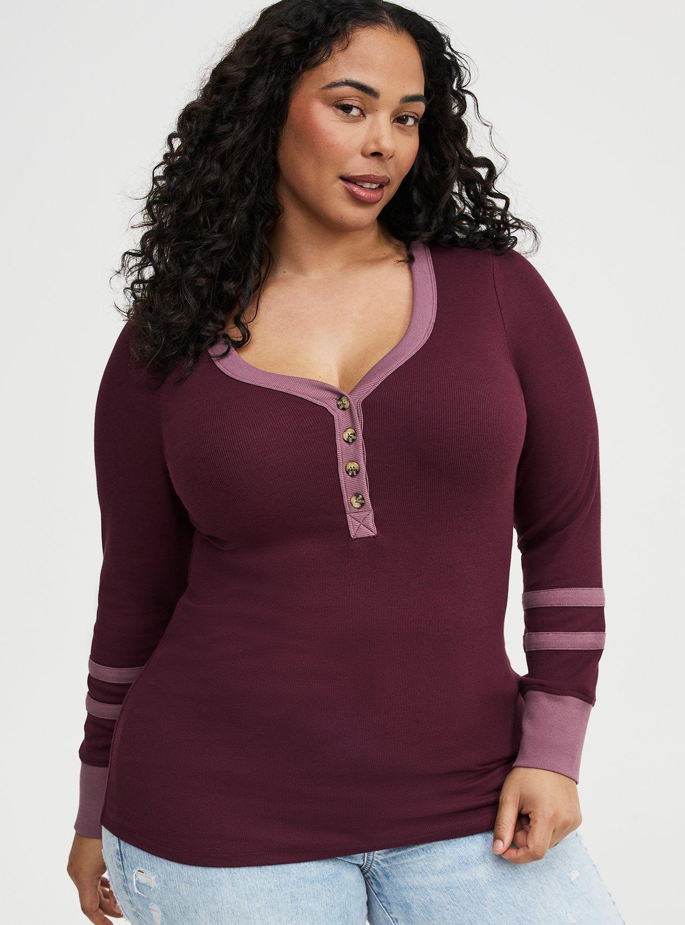 Ribbed Henley Varsity Long Sleeve Top, WINETASTING, hi-res