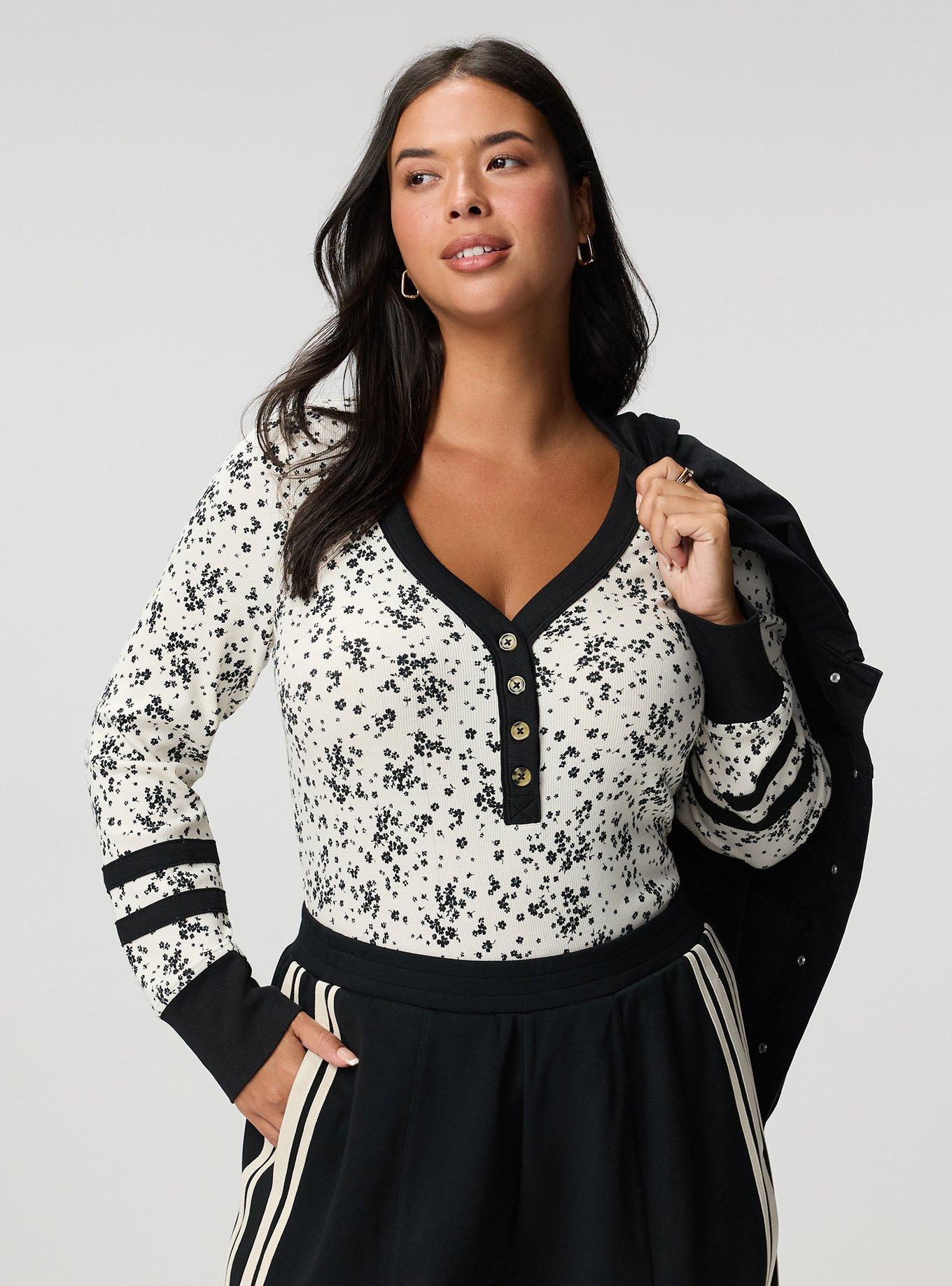 Ribbed Henley Varsity Long Sleeve Top, DUSTED DITSY FLORAL IVORY, alternate