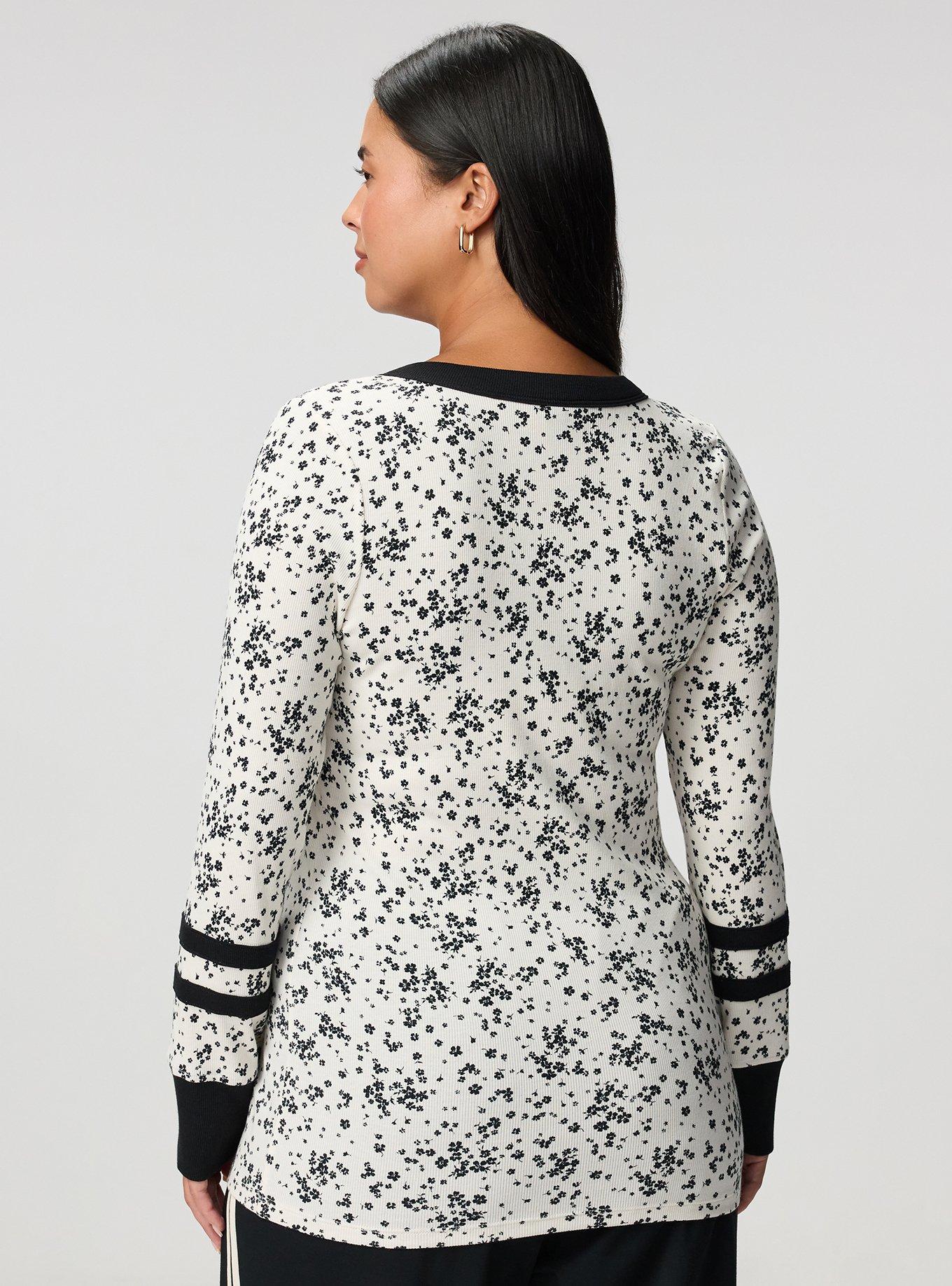 Ribbed Henley Varsity Long Sleeve Top, DUSTED DITSY FLORAL IVORY, alternate