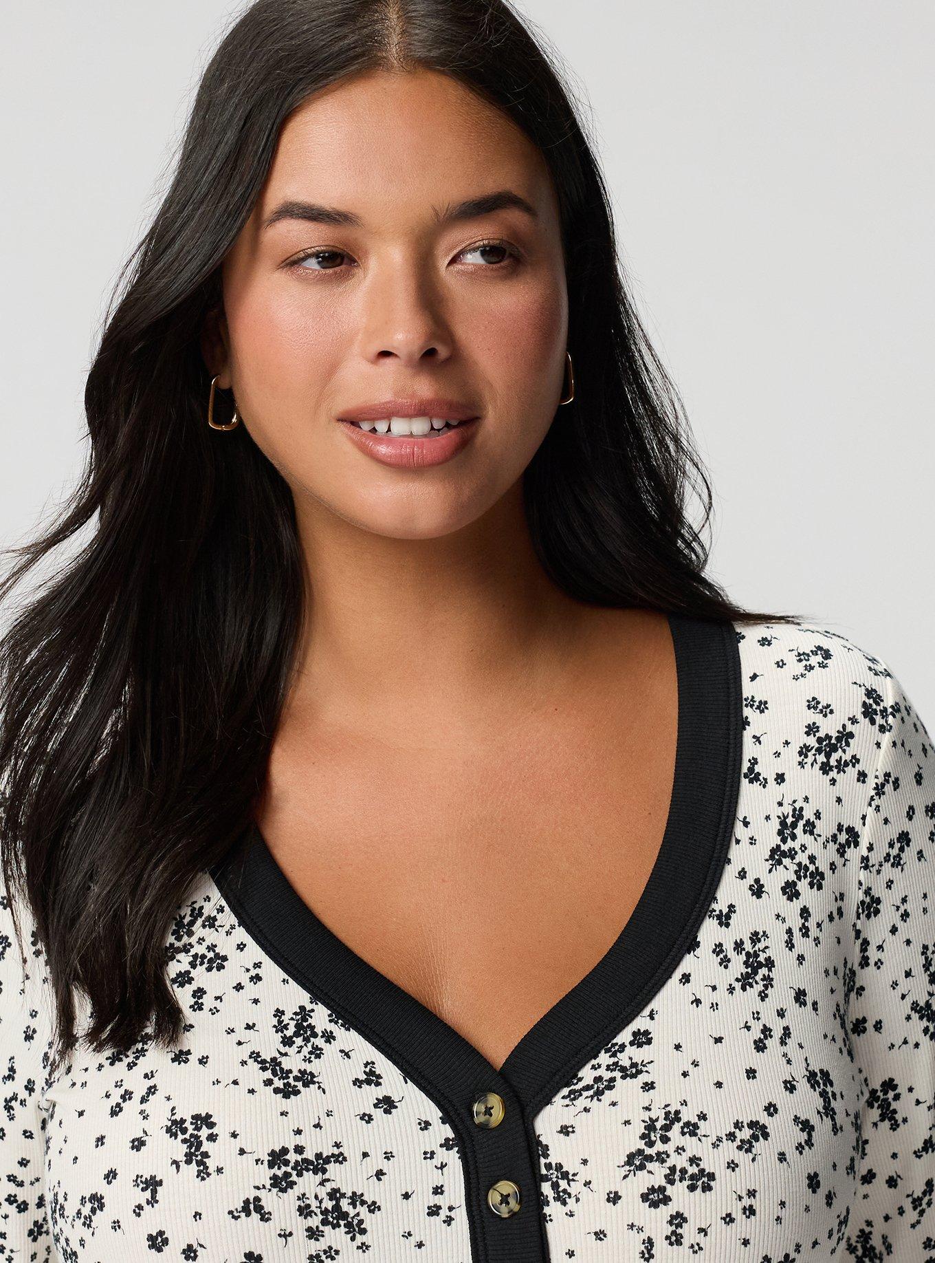 Ribbed Henley Varsity Long Sleeve Top, DUSTED DITSY FLORAL IVORY, alternate