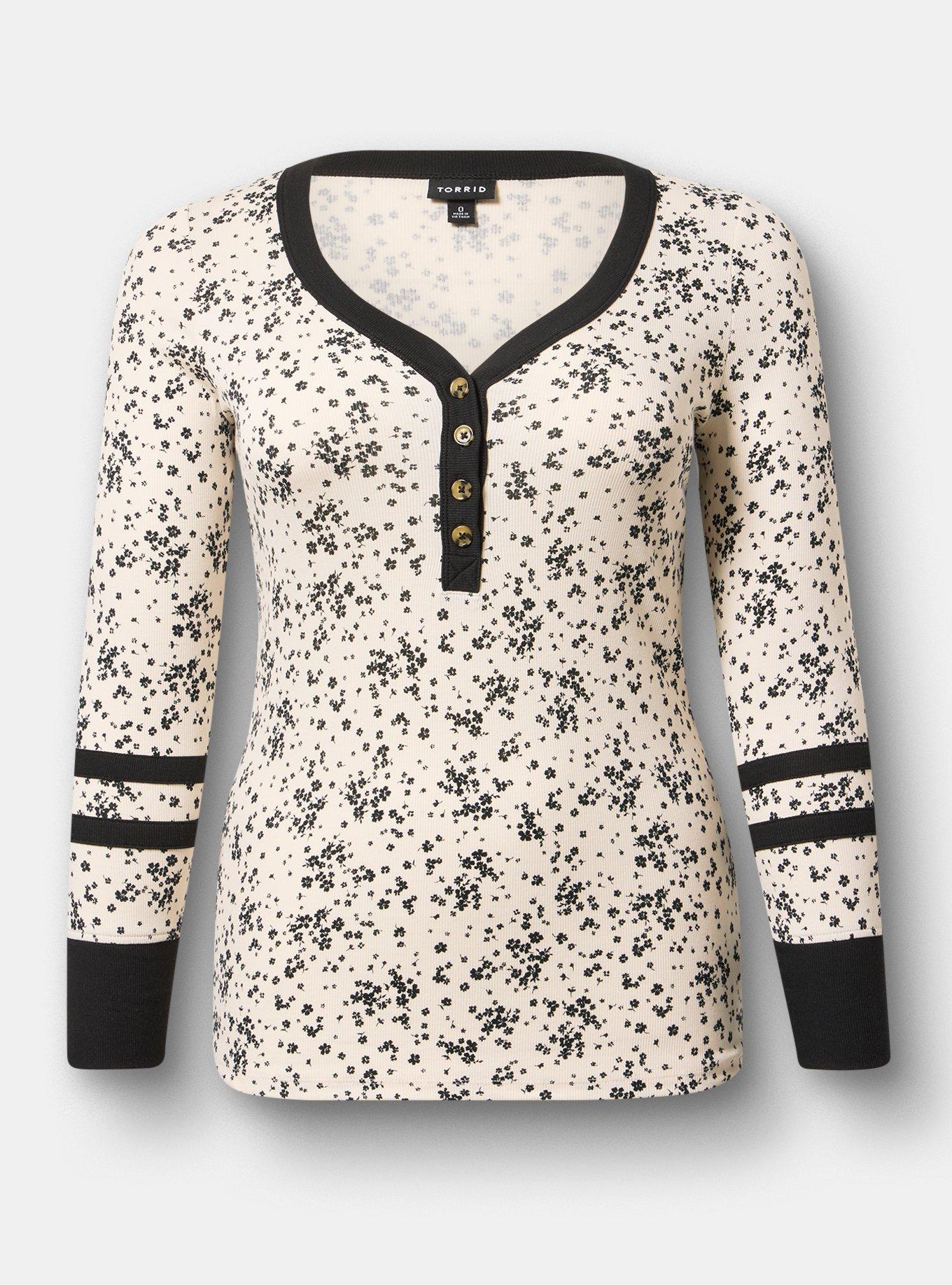 Ribbed Henley Varsity Long Sleeve Top, DUSTED DITSY FLORAL IVORY, flat