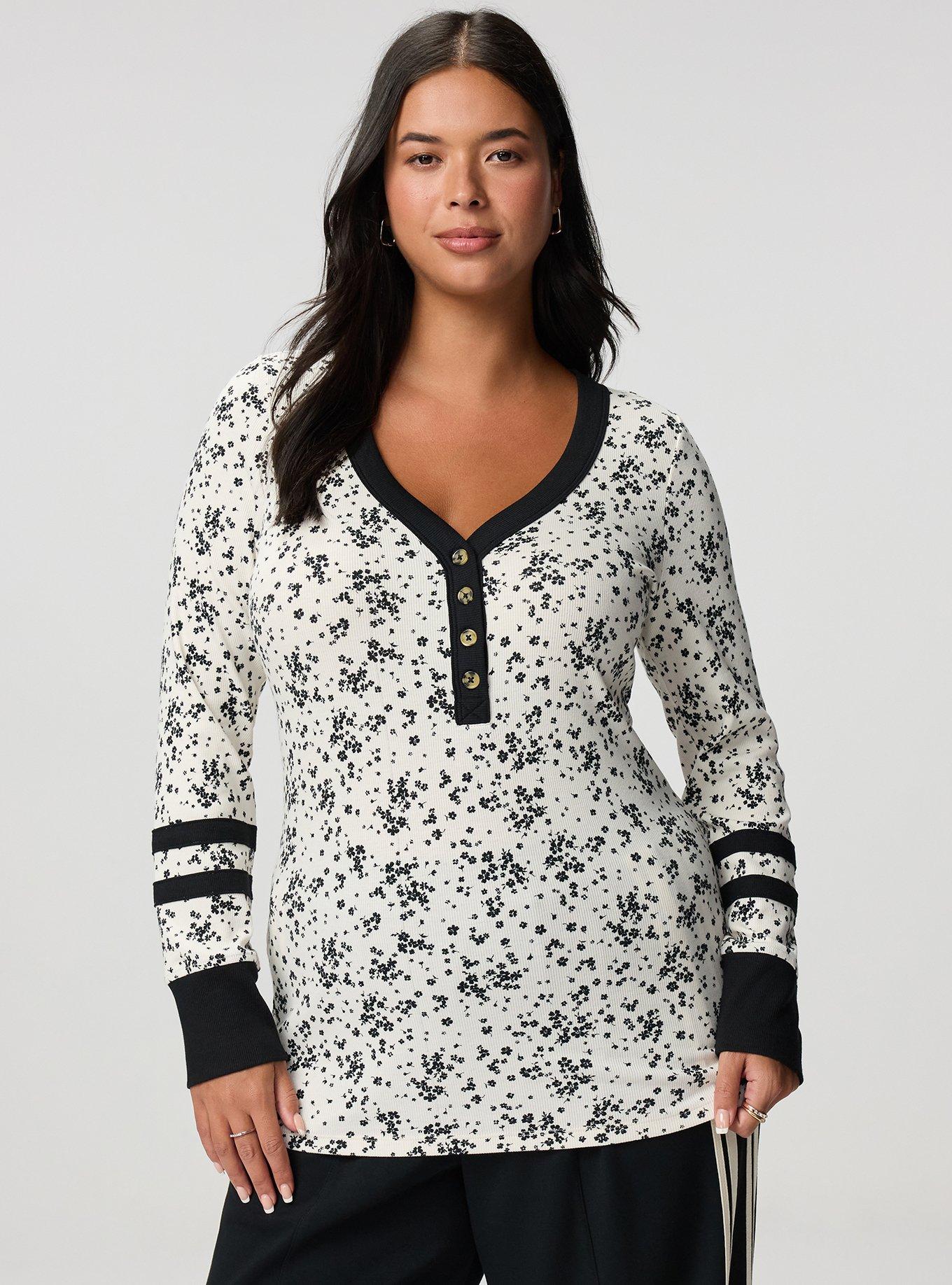 Ribbed Henley Varsity Long Sleeve Top, DUSTED DITSY FLORAL IVORY, hi-res