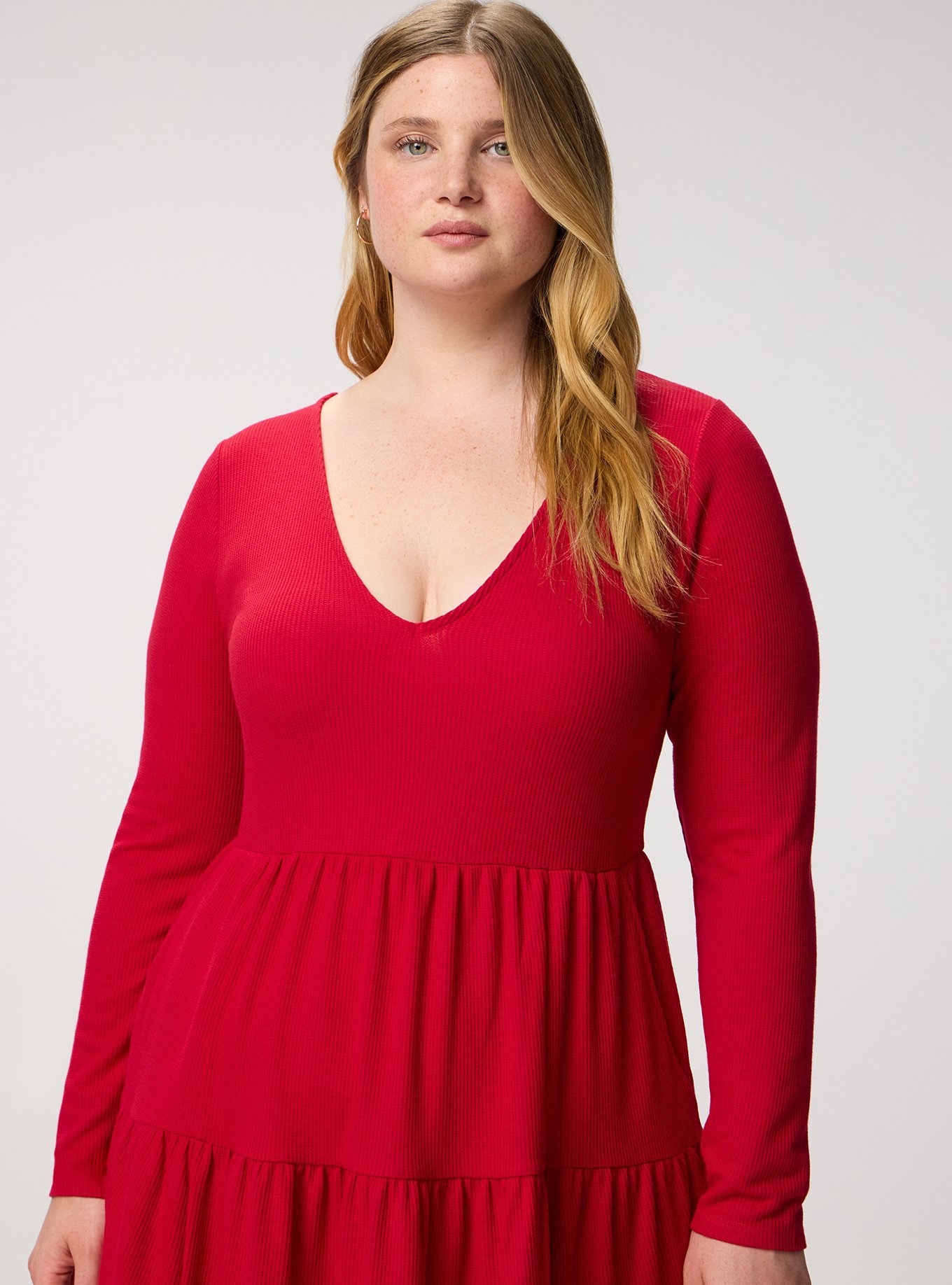 Plus Size Tiered Waffle Knit Mini Dress, JESTER RED, alternate