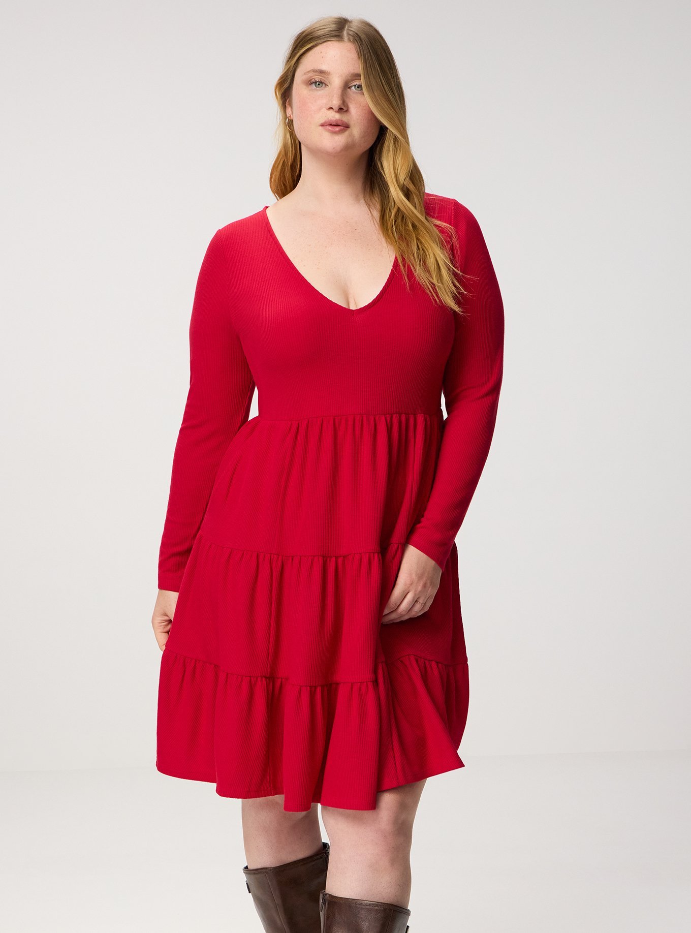 Plus Size Tiered Waffle Knit Mini Dress, JESTER RED, alternate