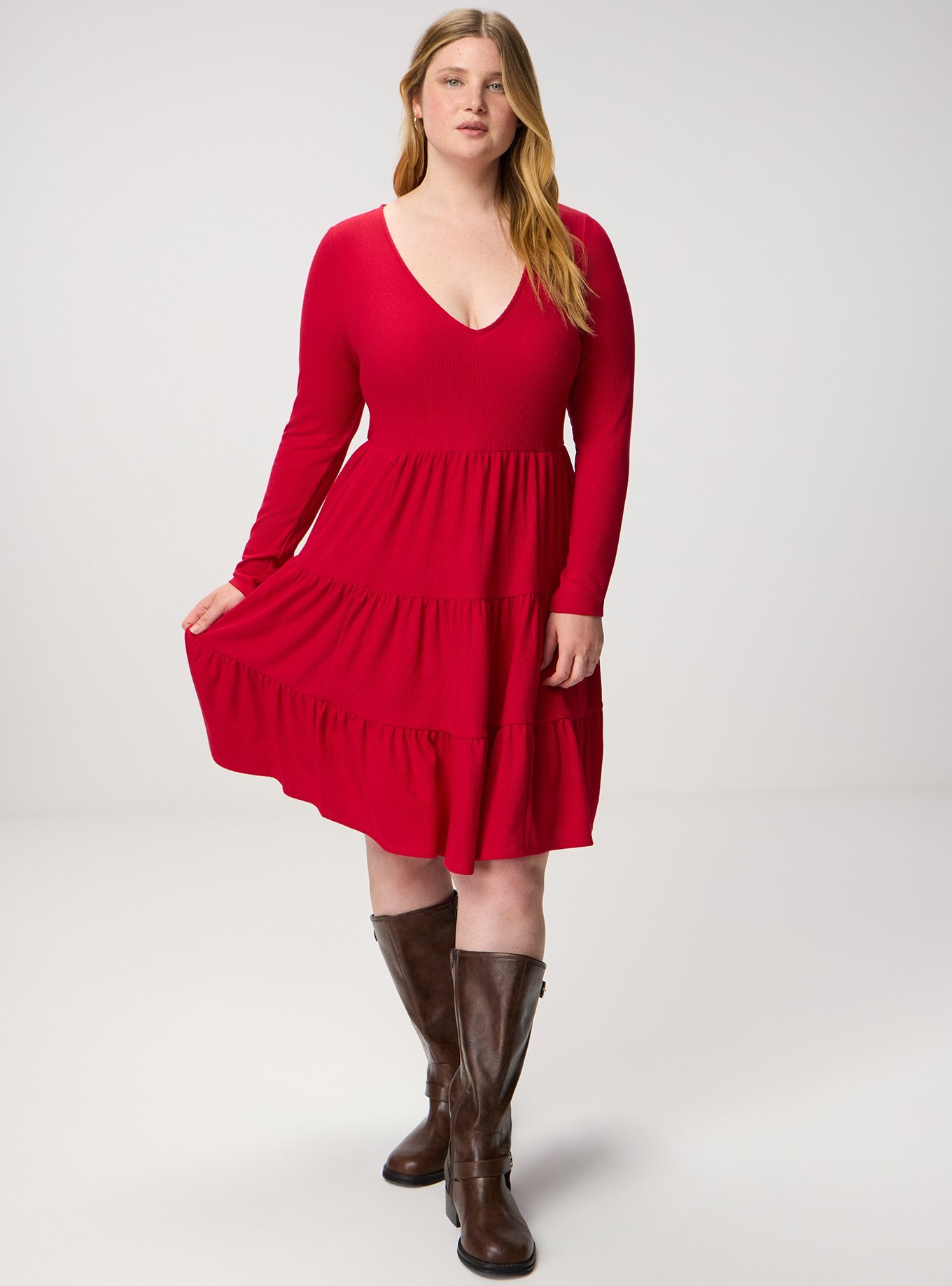 Plus Size Tiered Waffle Knit Mini Dress, JESTER RED, hi-res