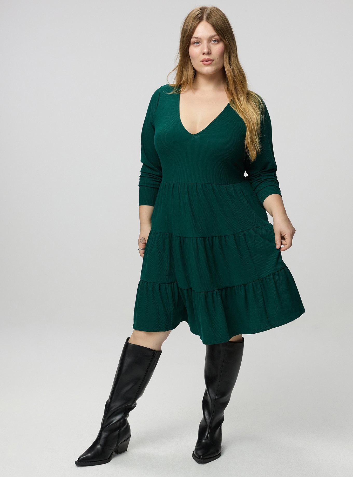Plus Size Tiered Waffle Knit Mini Dress, BOTANICAL GARDEN, hi-res