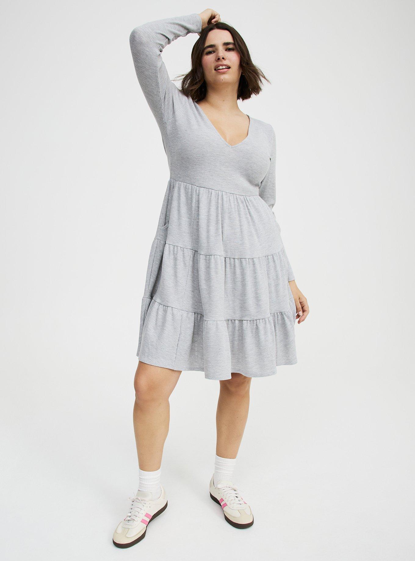 Tiered Waffle Knit Mini Dress, LIGHT HEATHER GREY, alternate