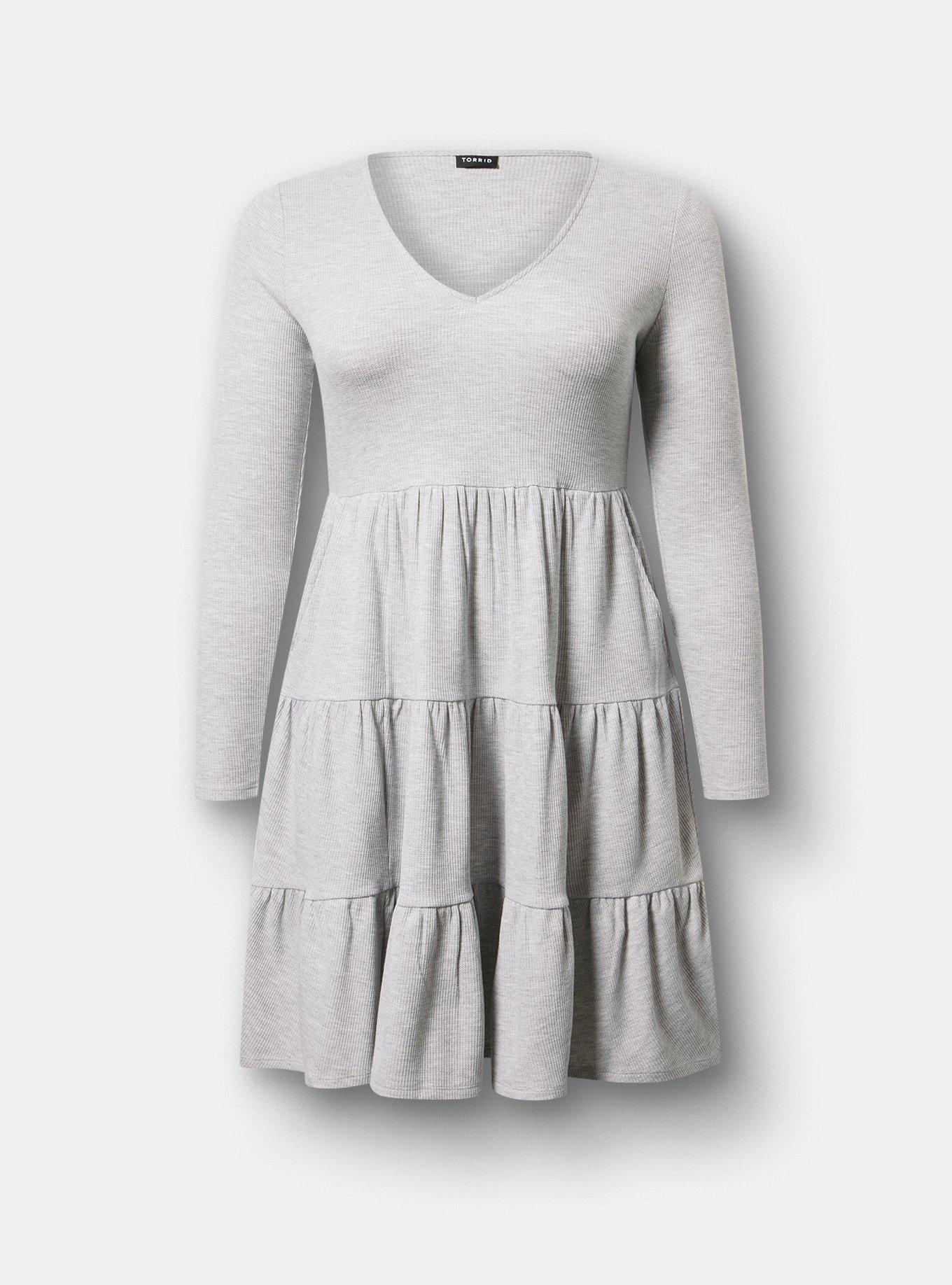 Tiered Waffle Knit Mini Dress, LIGHT HEATHER GREY, hi-res