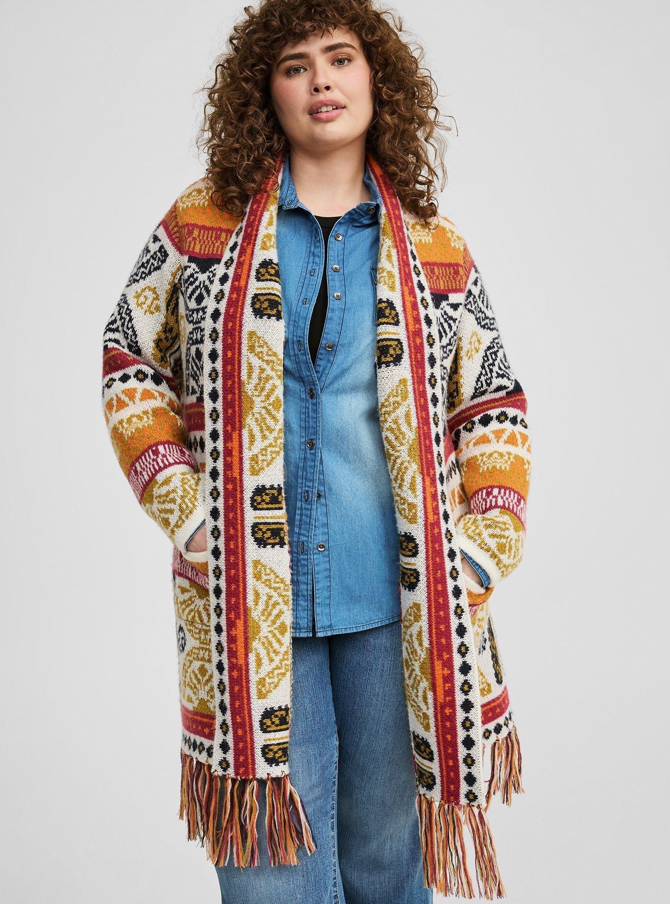 Multi Knit Peacock Long offers Fringe Duster Joseph Cardigan Coat of Many Colors Size M