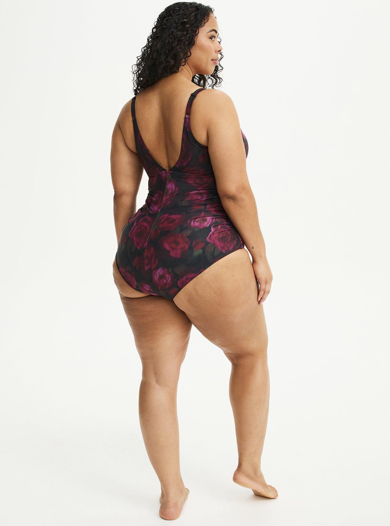 Wire-Free Slim Fix Plunge One Piece, BLURRED ROSES BLACK, alternate