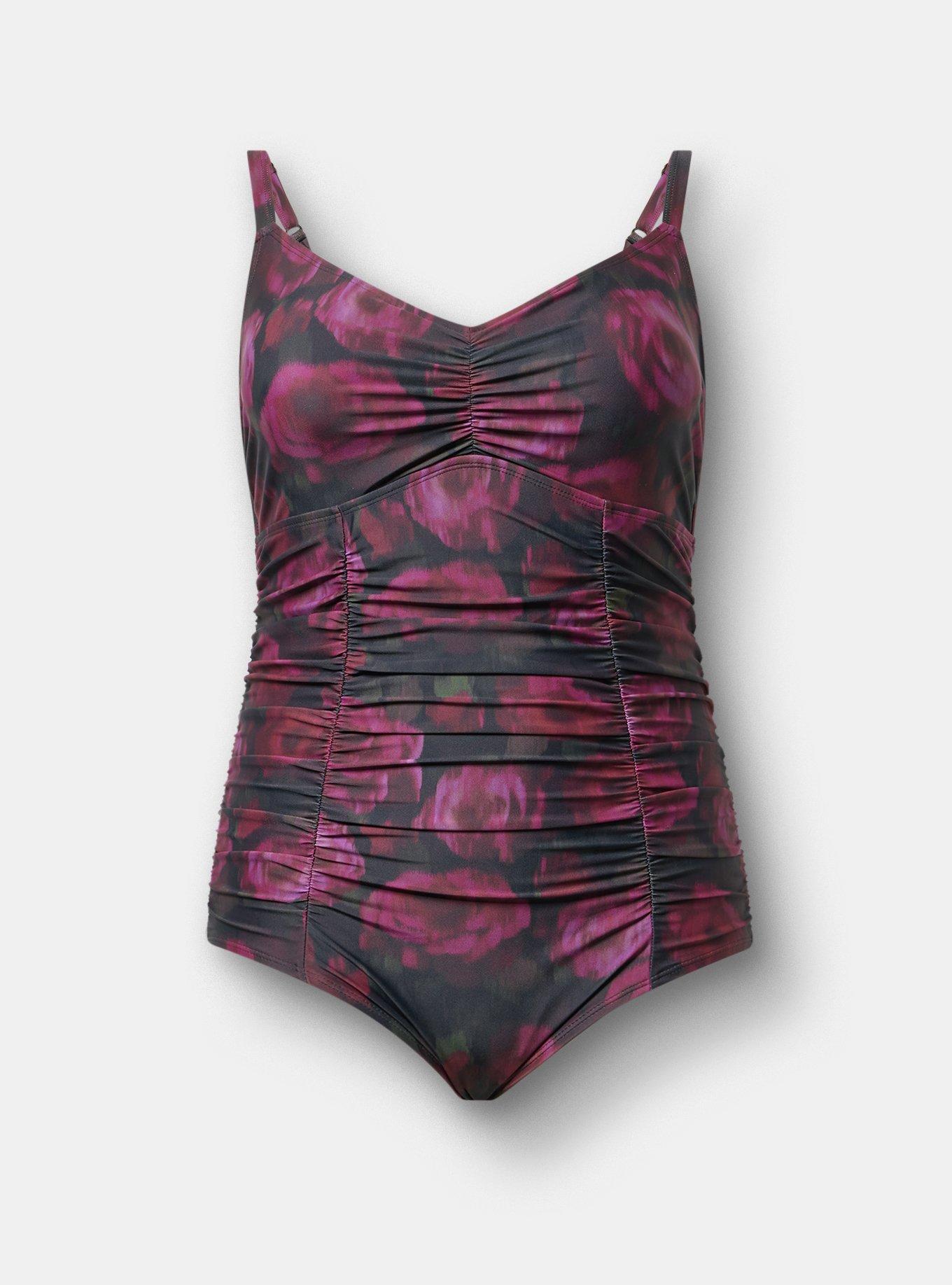 Wire-Free Slim Fix Plunge One Piece, BLURRED ROSES BLACK, hi-res