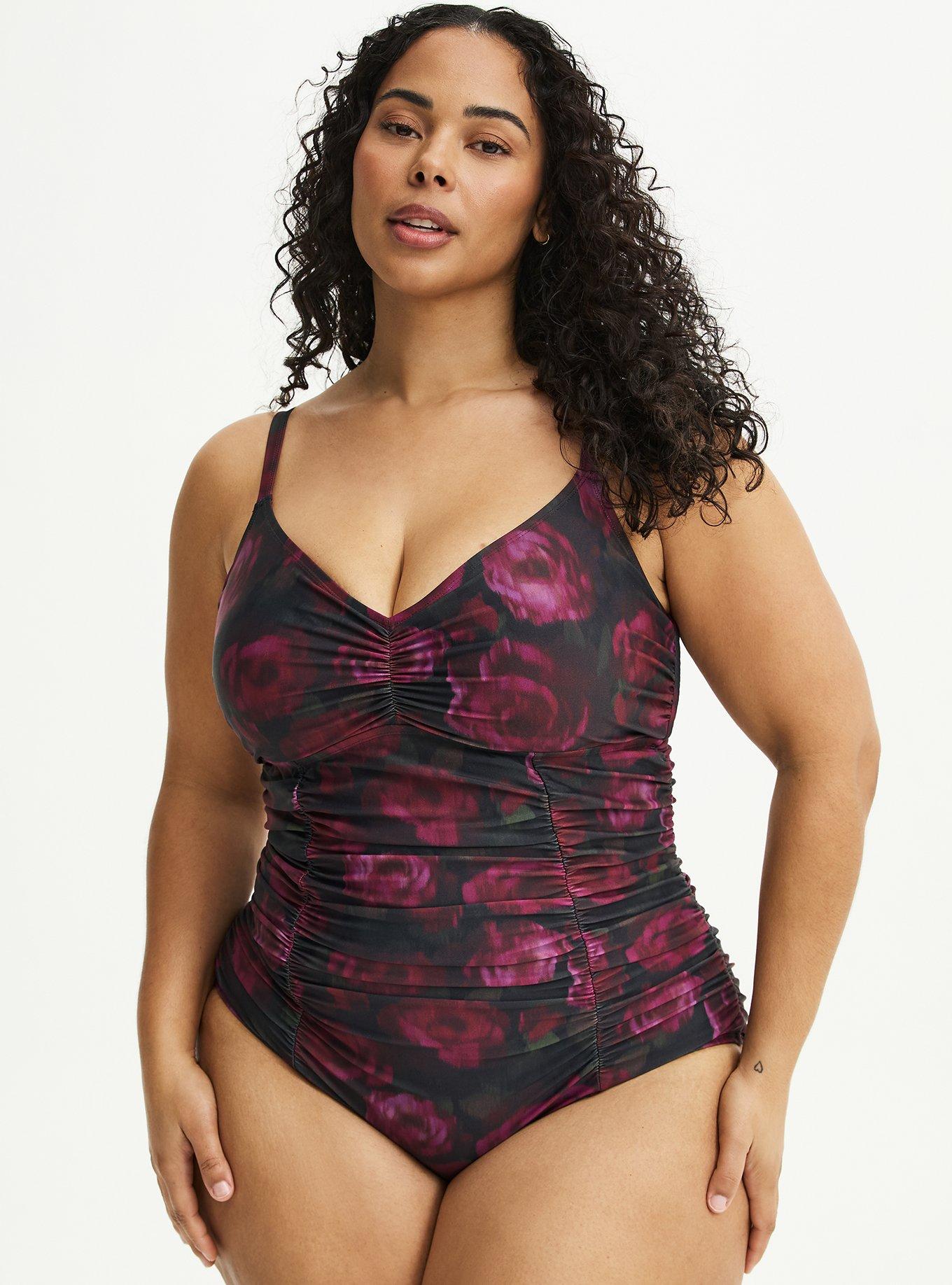 Wire-Free Slim Fix Plunge One Piece, BLURRED ROSES BLACK, hi-res
