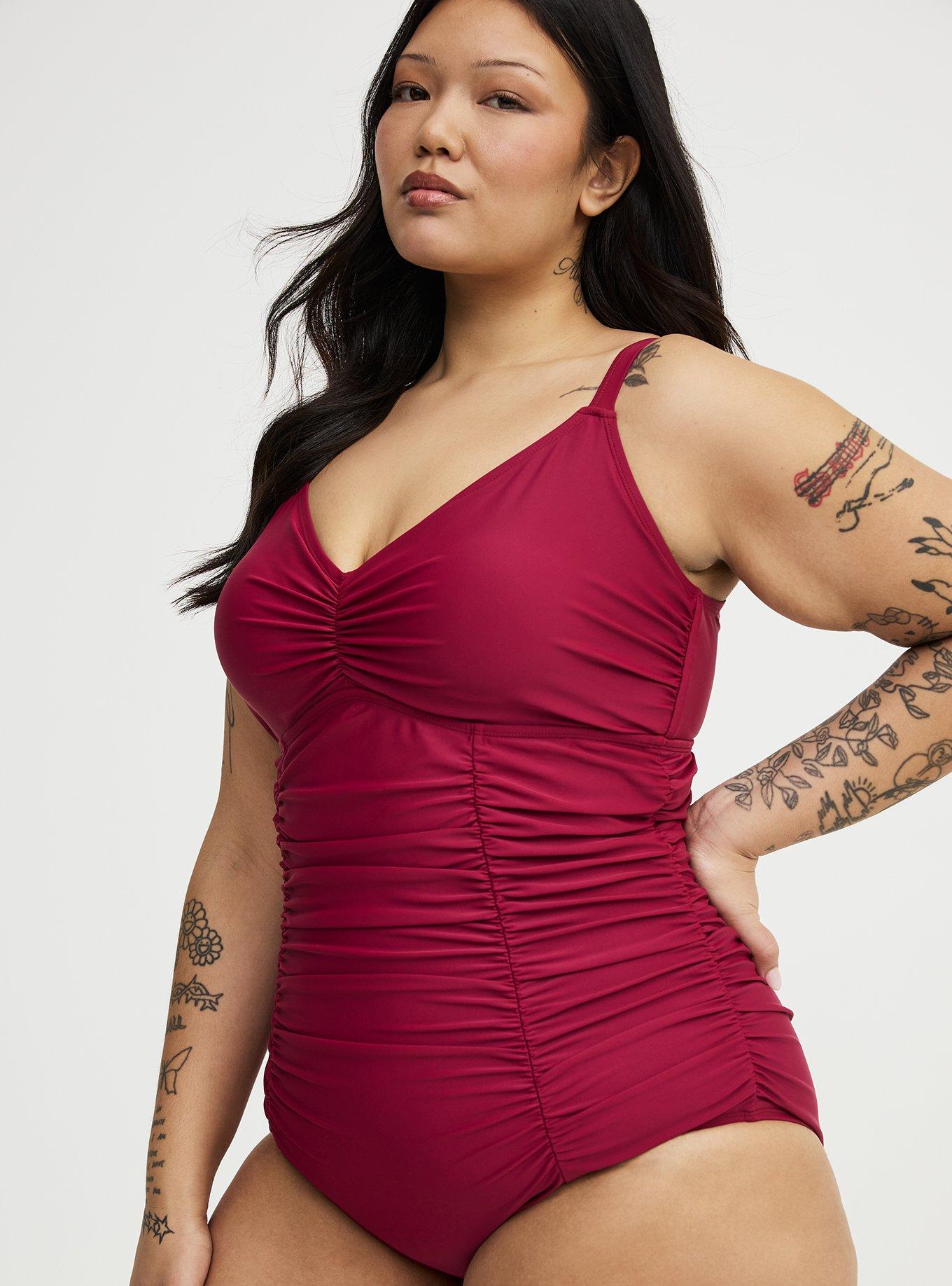 Wire-Free Slim Fix Plunge One Piece, RED PLUM SWIM, hi-res