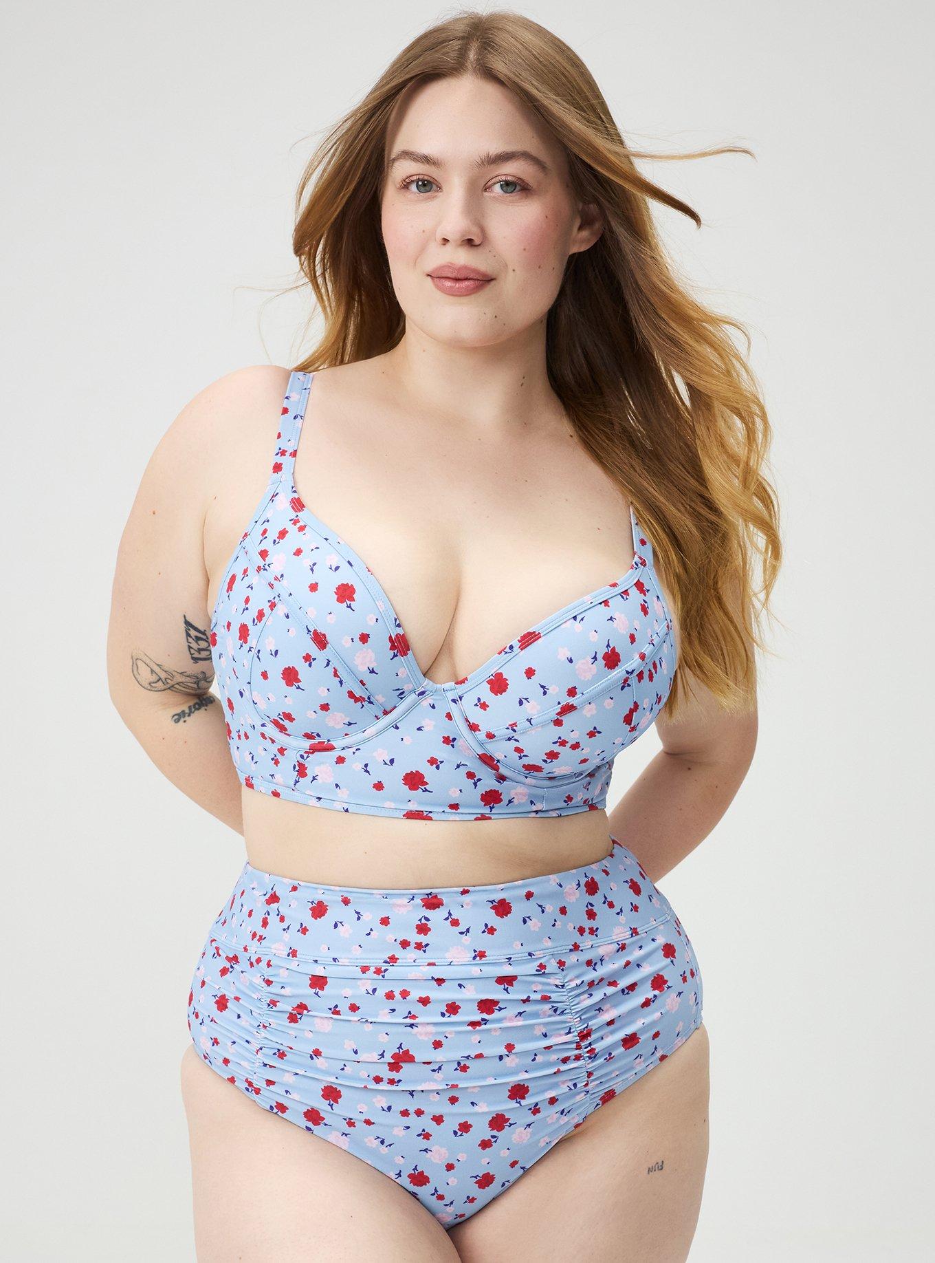 High-Rise Ruched Cheeky Swim Bottom, PETITE ROSES FLORAL BLUE, hi-res