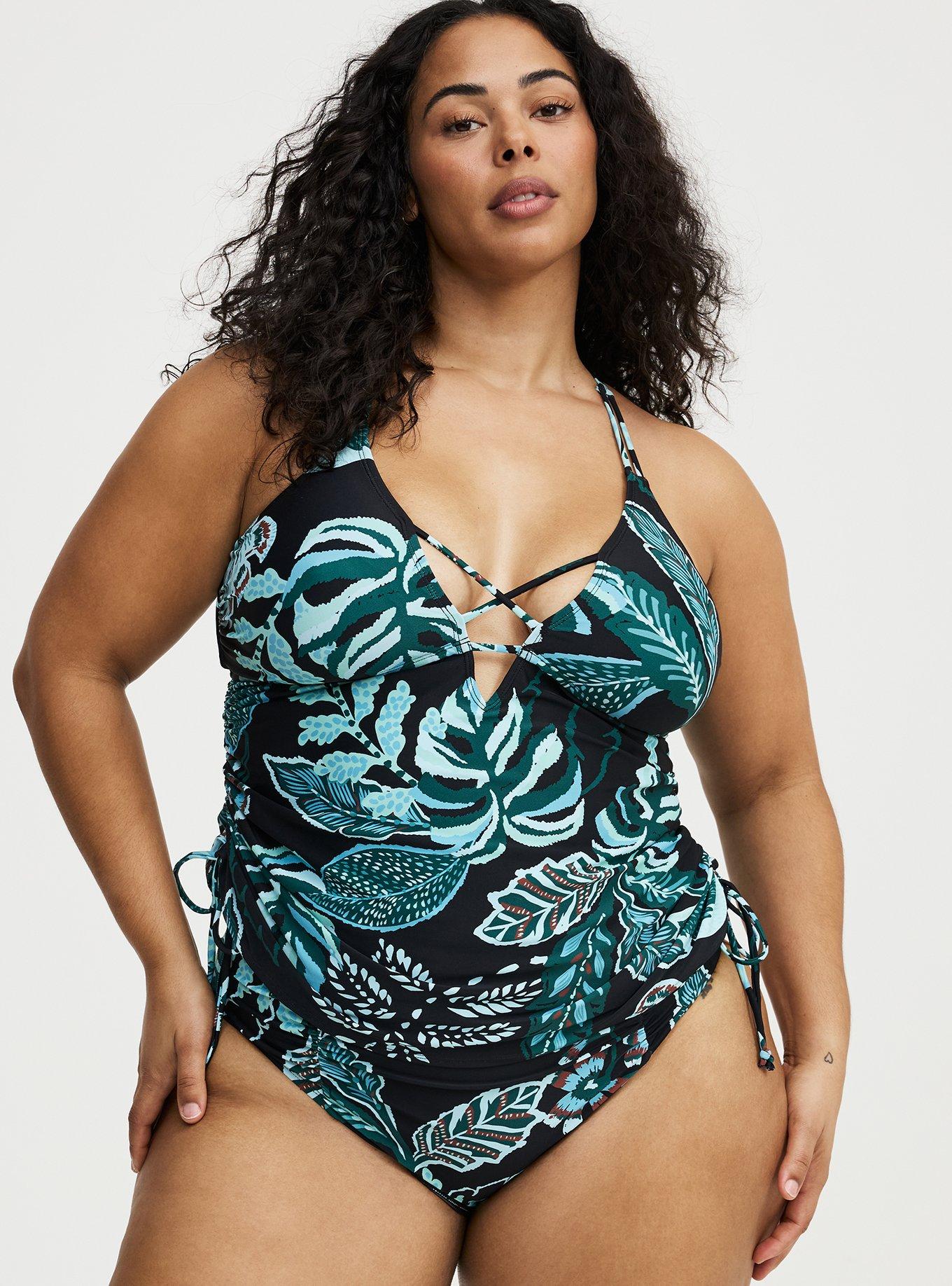 Wire-Free XO Cinch Side Tankini, SAMBA TROPICAL DEEP BLACK, alternate