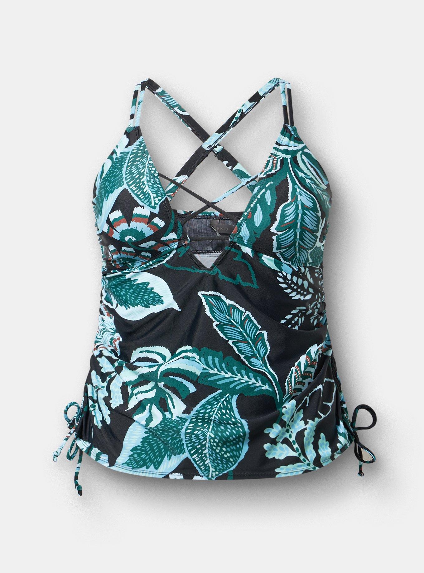 Wire-Free XO Cinch Side Tankini, SAMBA TROPICAL DEEP BLACK, hi-res