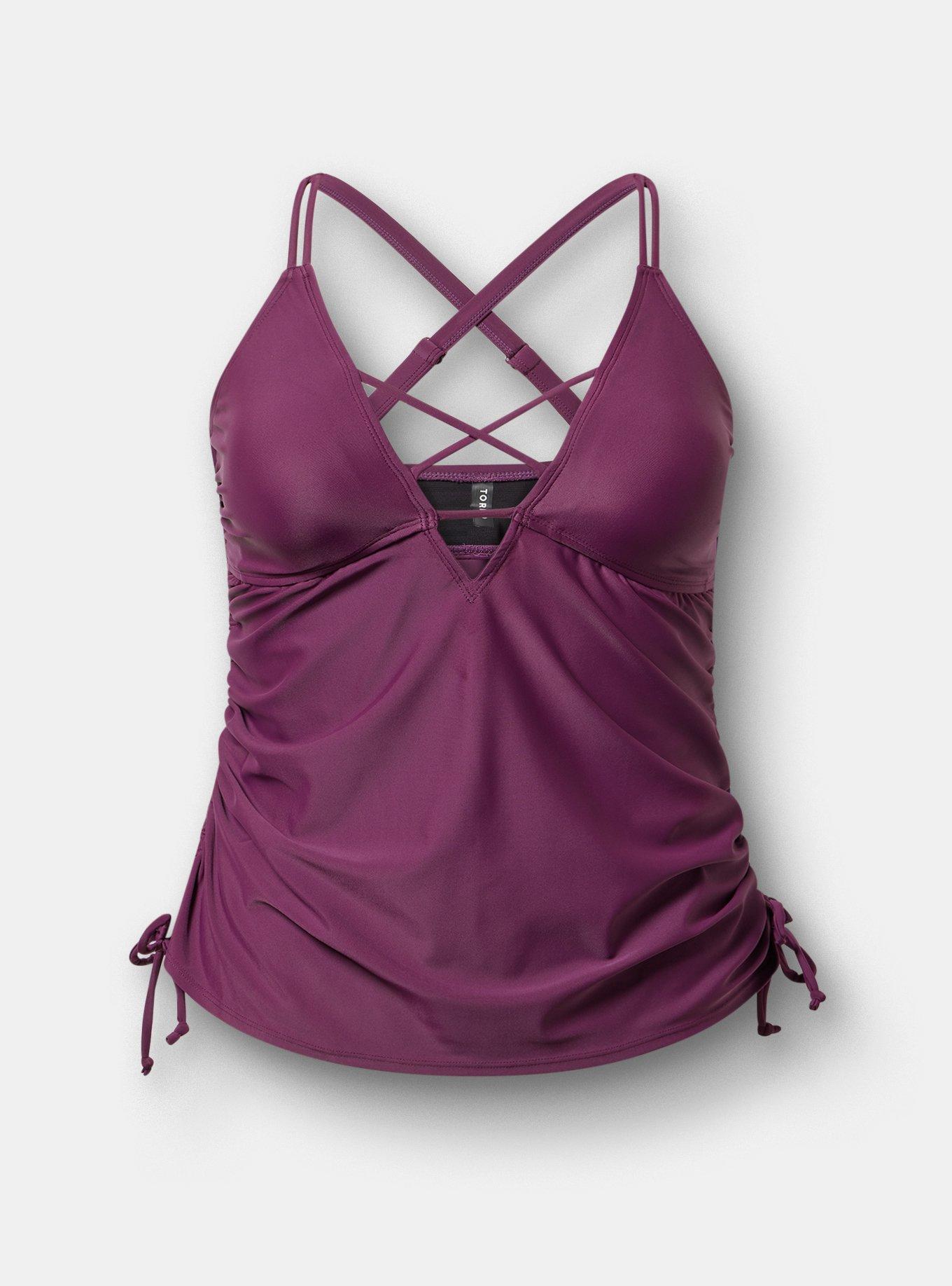 Wire-Free XO Cinch Side Tankini, EGGPLANT SWIM, hi-res