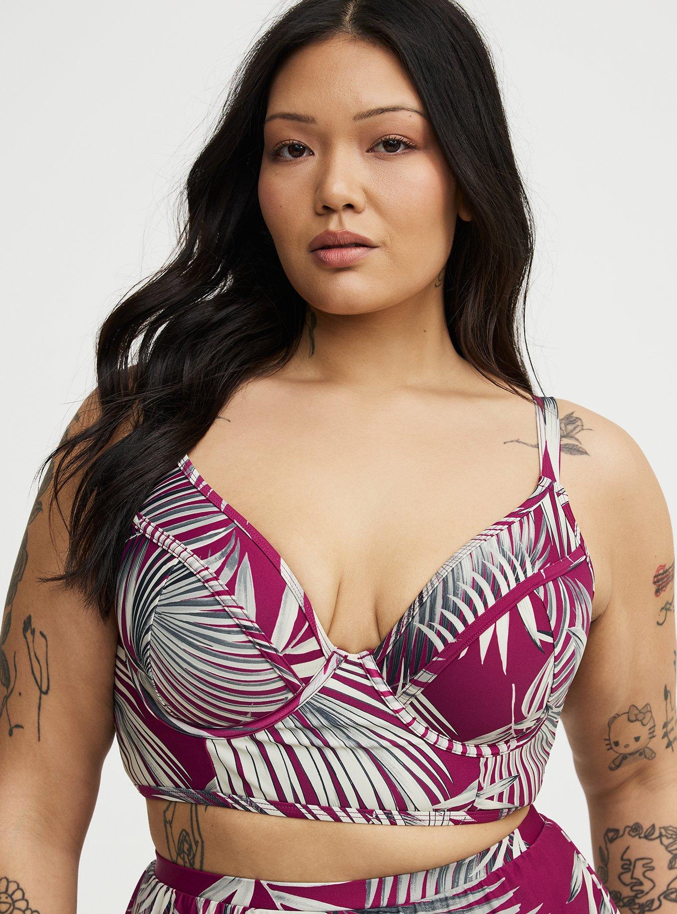 Plus Size Underwire Longline Bikini Top, SHADED PALMS RED PLUM, hi-res