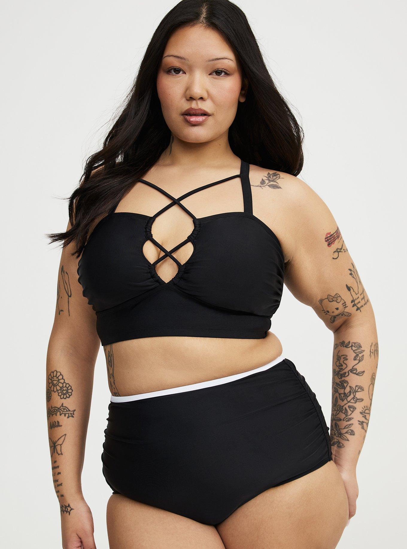 Wire-Free Cross Front Strappy Bikini Top, DEEP BLACK, alternate