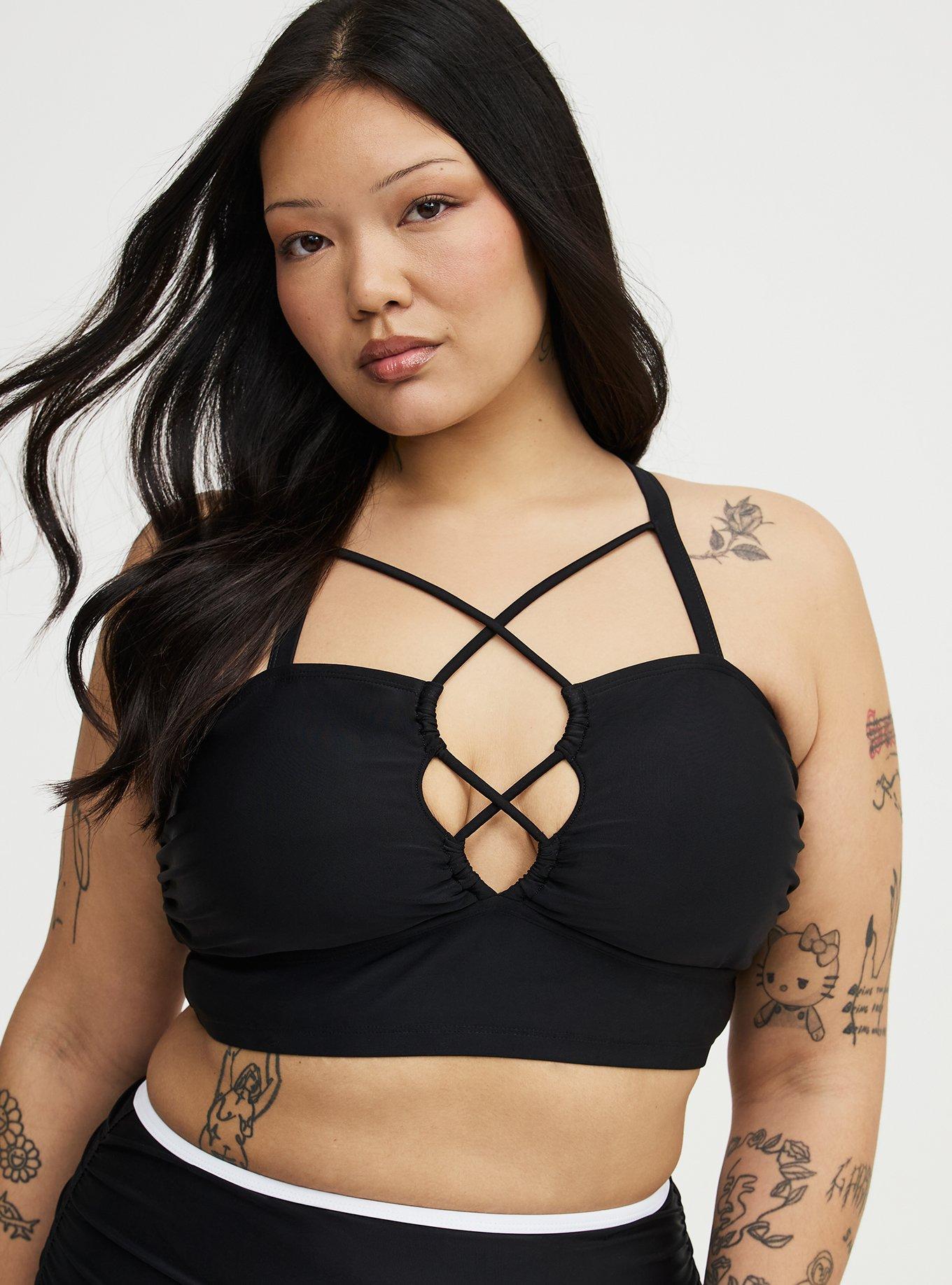 Plus Size Wire-Free Cross Front Strappy Bikini Top, DEEP BLACK, hi-res