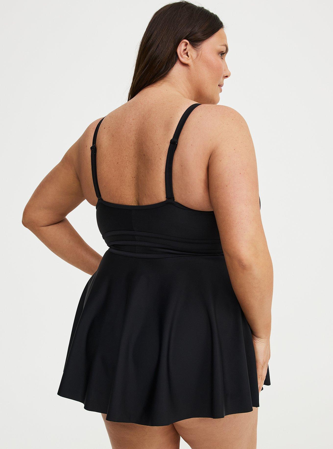 Wire-Free Strappy Plunge Swim Dress With Brief, DEEP BLACK, alternate