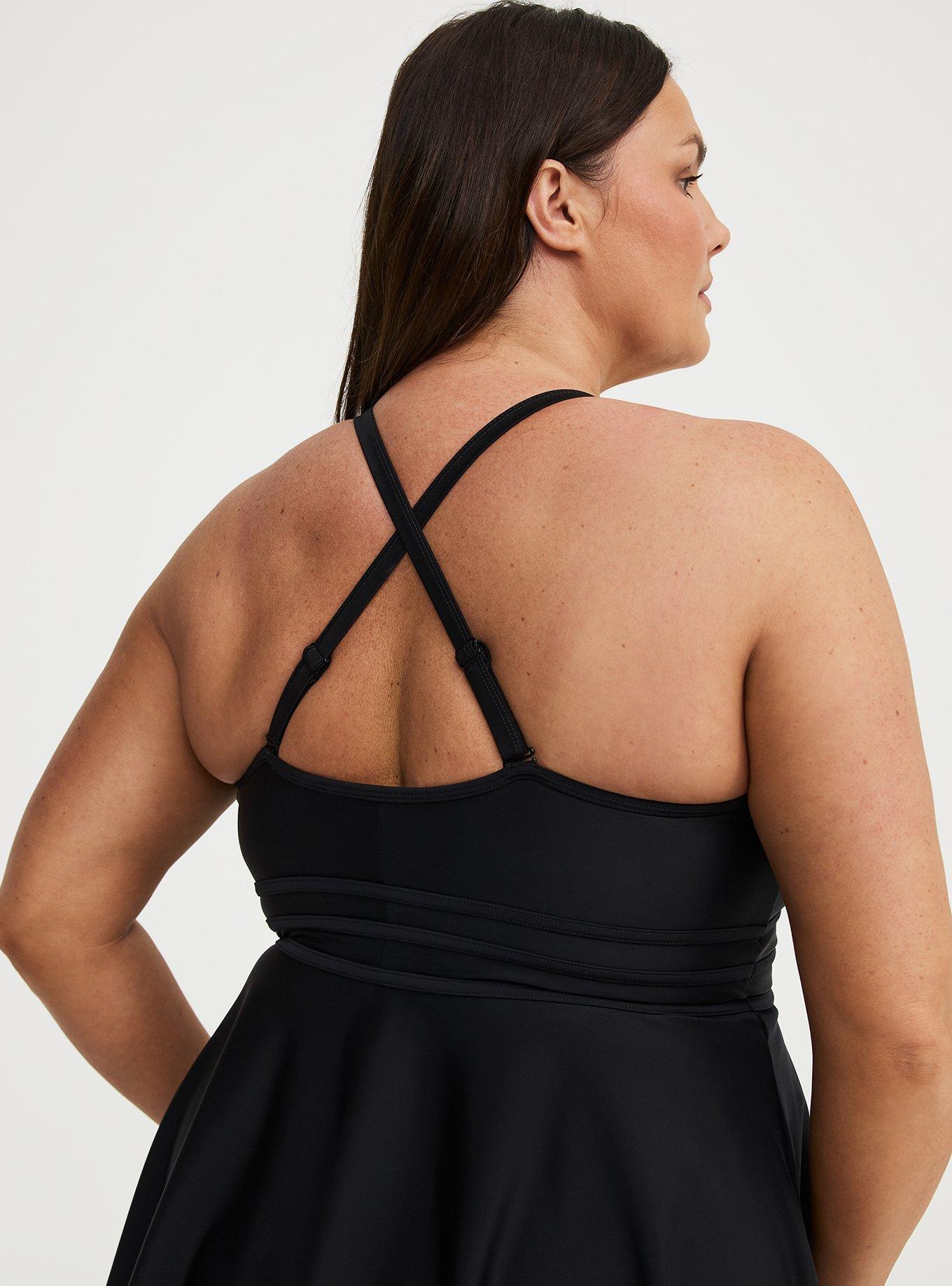 Wire-Free Strappy Plunge Swim Dress With Brief, DEEP BLACK, alternate